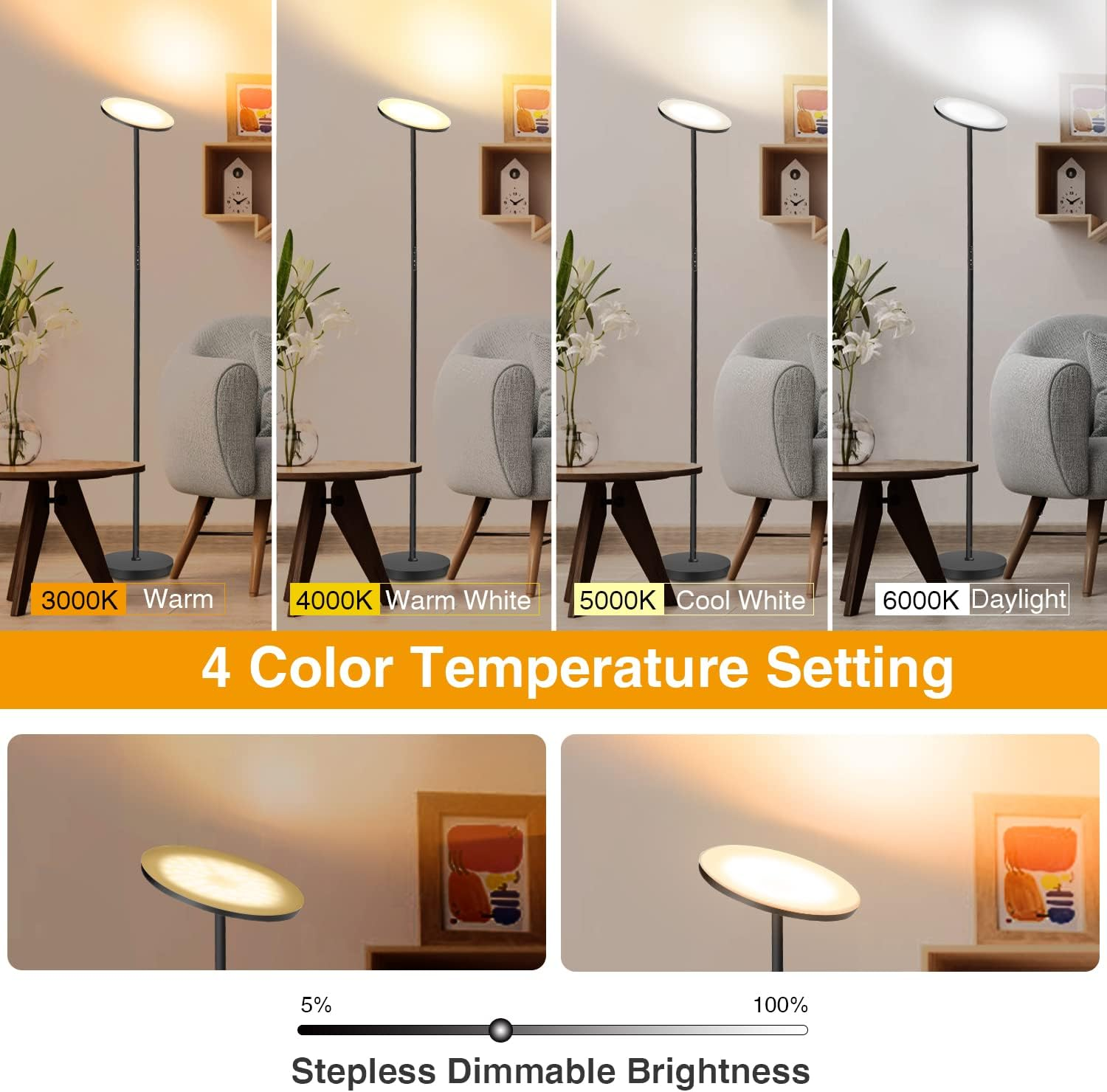 OUTON Floor Lamp, 30W/3000LM LED Modern Torchiere Sky Lamp, Super Bright Dimmable Standing Tall Lamp with 4 Color Temperatures, Remote Touch Control, 1 Hour Timer for Living Room Bedroom Office, Black image number 1