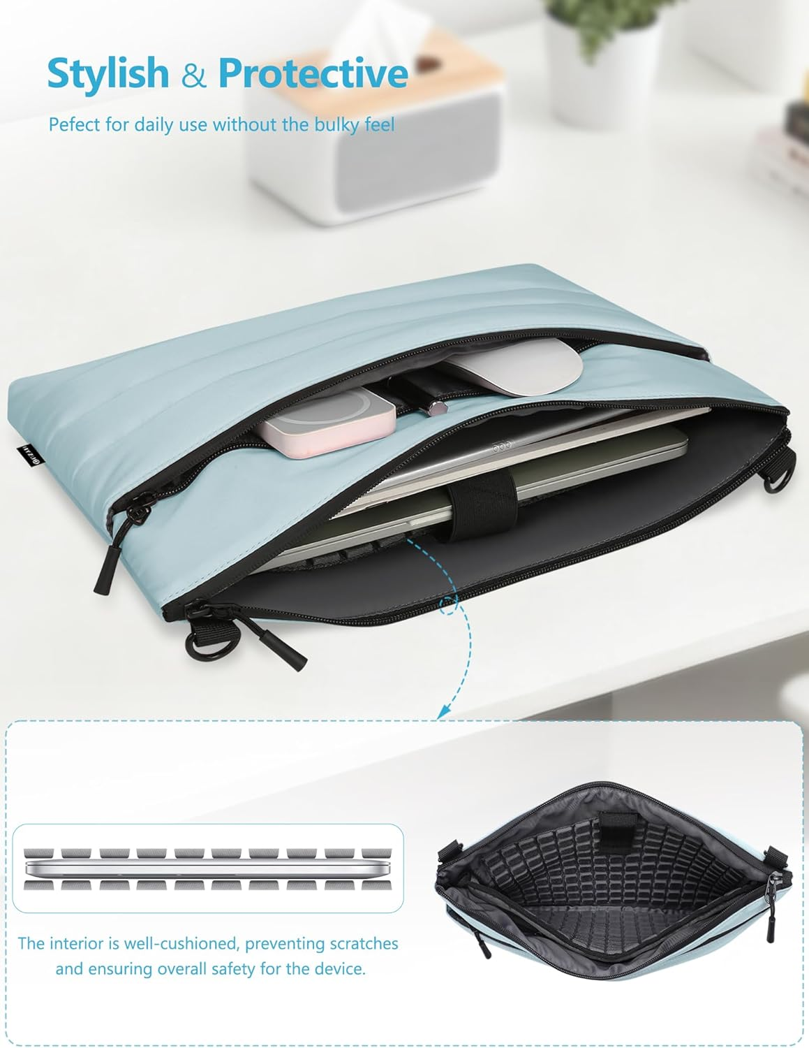 HYZUO 13.3-14 Inch Laptop Sleeve Bag for Macbook Pro 14 M5-M1, Macbook Pro/Air 13, 13" 13.3" Dell/Hp/Lenovo/Asus/Acer/Samsung Notebook, Women Dual Shoulder Bags Work Daily Handbag, Ash Blue