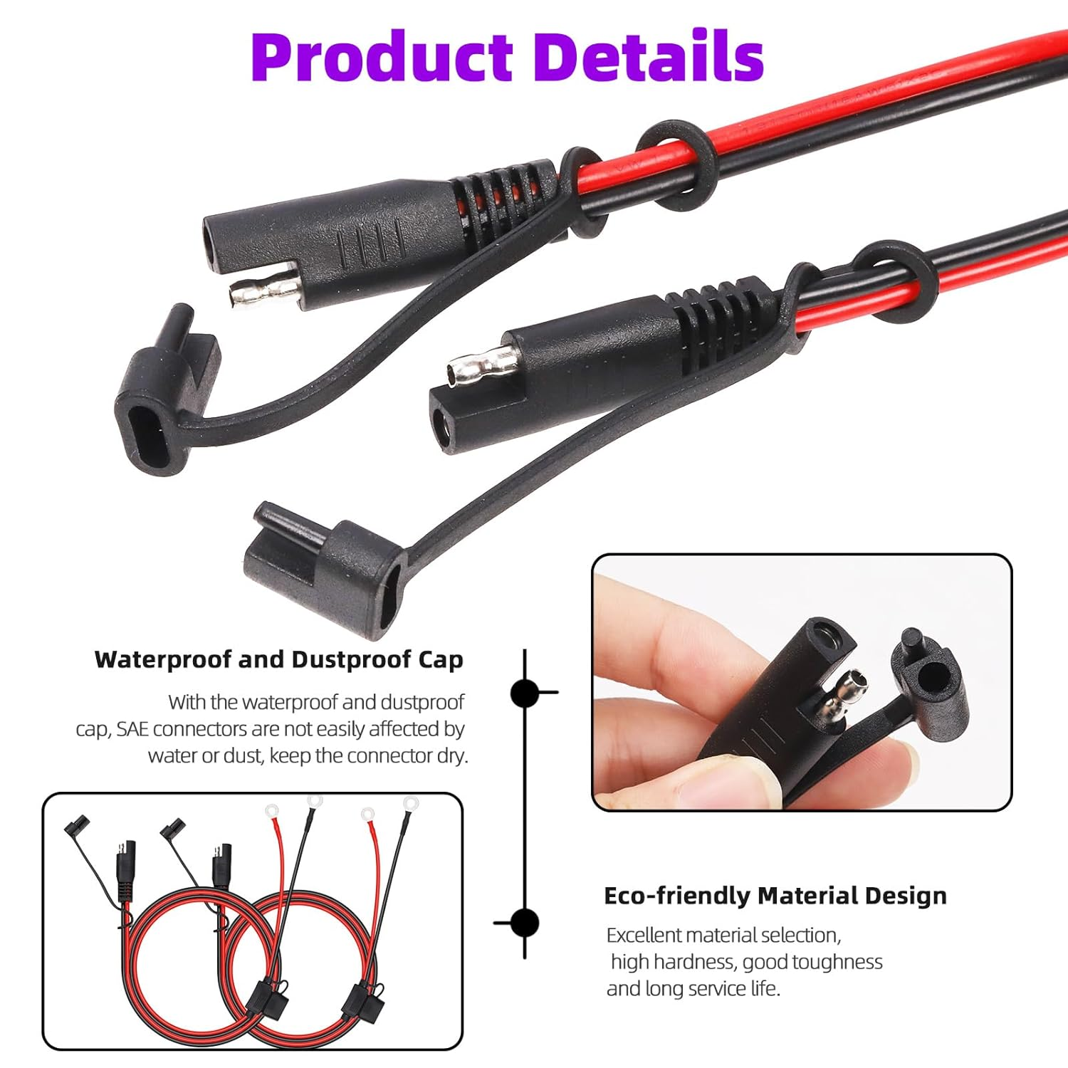Swpeet 2Pcs 25.5 Inch SAE Battery Connector Ring Terminal Harness Accessory Cable, Smart Battery Chargers Cord Adapter with SAE Quick Disconnect image number 1