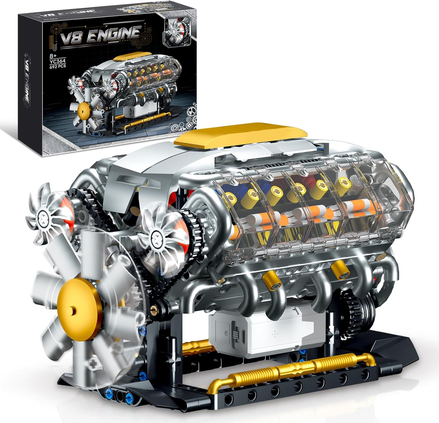 YEECHAO V8 Engine Building Kit for Adults, Build Your Own Mini V8 Engine Model Toy with Sounds for Display, Compatible with  for Boys 8-14, Musical STEM Building Project for Kids Teens (692 PCS)