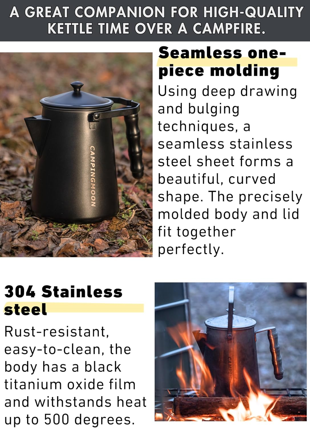 CAMPINGMOON 1.5L Campfire Kettle Stainless Steel Camping Kettle Black BKSW-6 image number 2