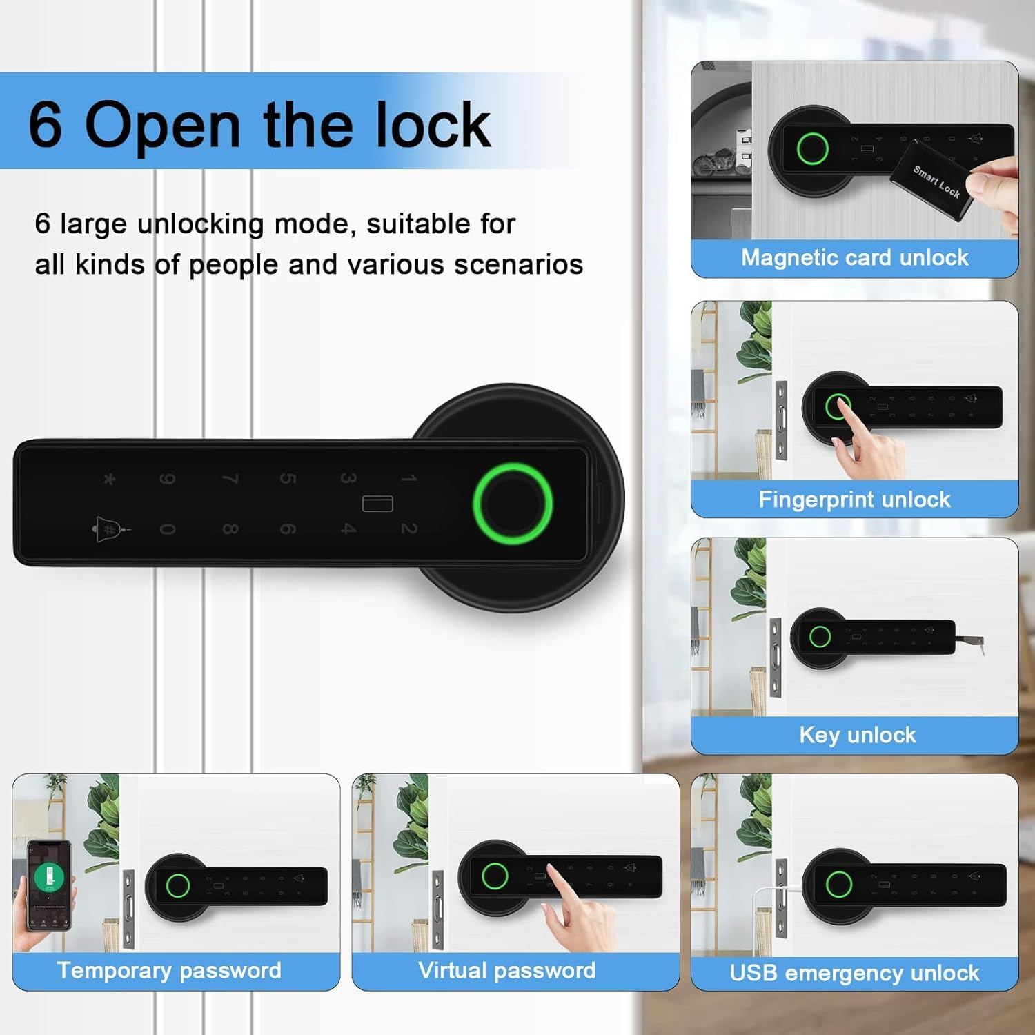Smart Lock, Fingerprint Smart Door Lock Handle, 5-In-1 Electronic Digital Door Touch Lock, Left-Right Adjustable Door Handle for Front Door, Home, Office, Apartment (Black) image number 1