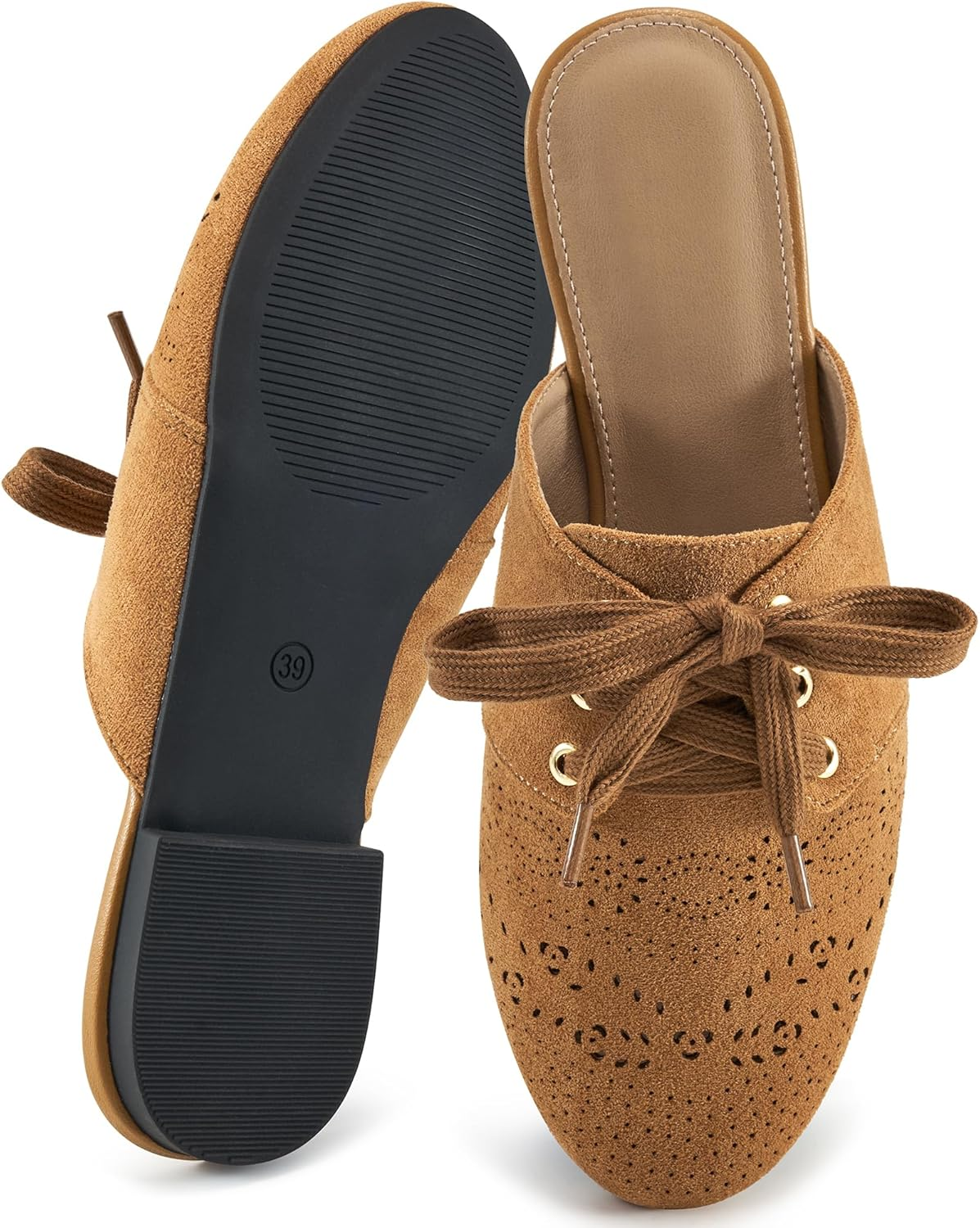 HARENCE Mules for Women Flats Shoes: Comfort round Toe Backless Loafers Casual Slip on Lace up Dressy Suede Mule