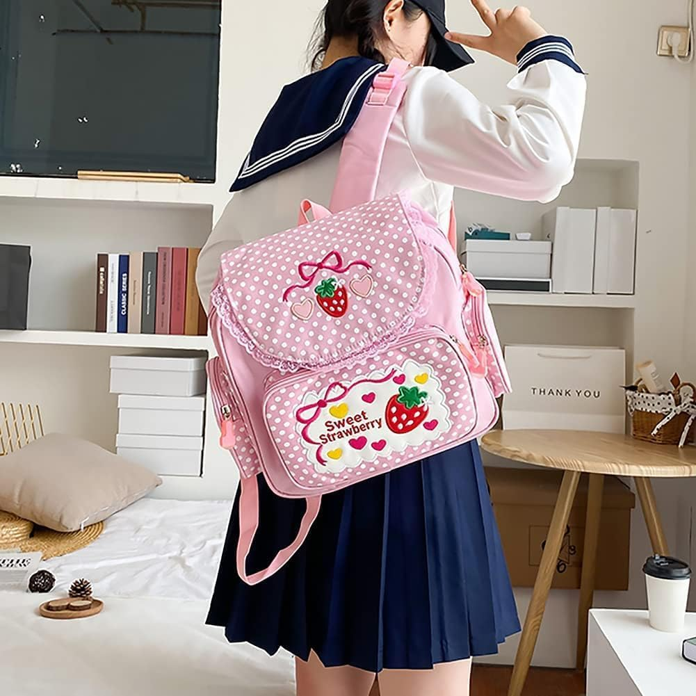Kawaii Strawberry Embroidery Backpack for Girls Teens Students School Bag Satchel Cute Pink Lace JK Backpack, Pink, 30X37X13Cm, Kawaii Strawberry Embroidery