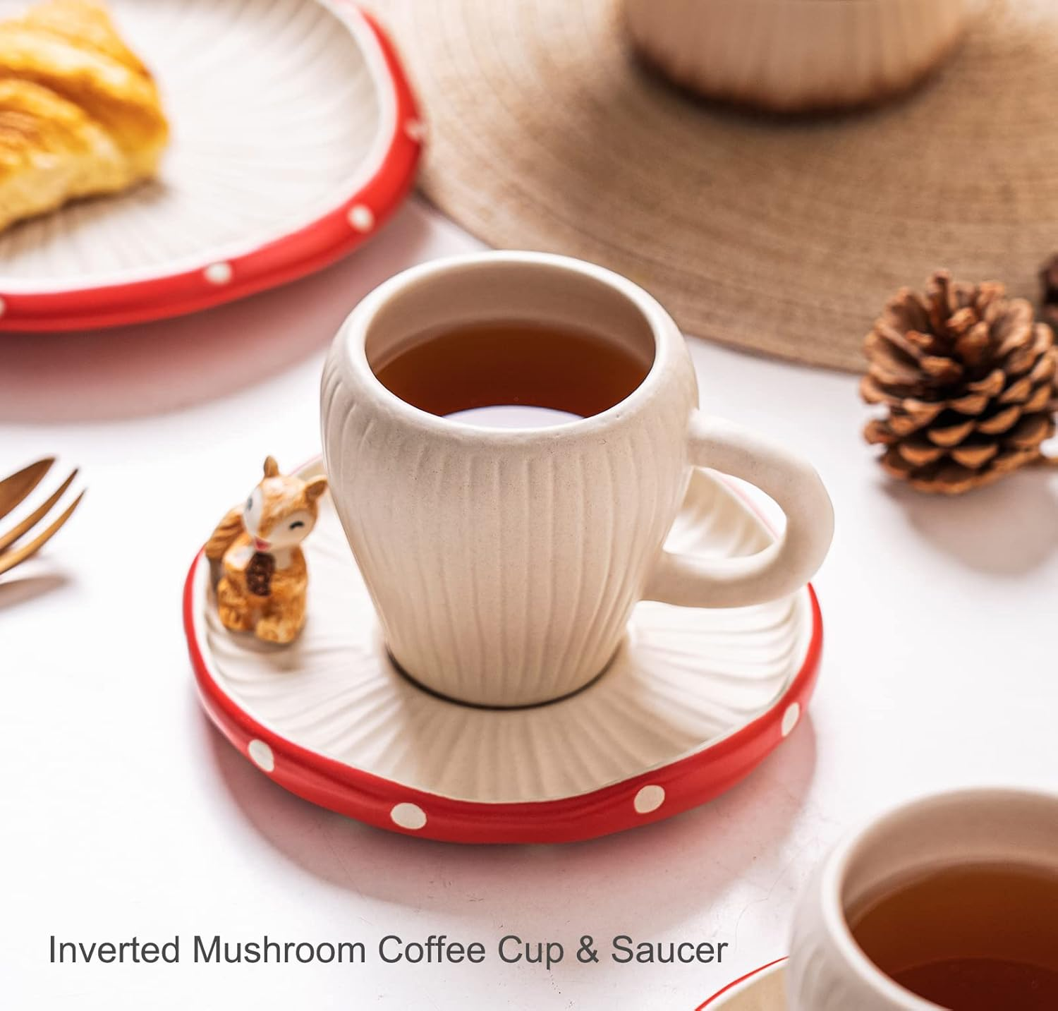 RESVUGA Cute Mushroom Mug with Saucer, Handmade Glaze Polka Dot, with Squirrel Decoration on the Plate. Safety Matt Ceramic Coffee Cups, 11 Oz Cartoon Tea Cup. Best Gifts for Women & Girls. image number 4