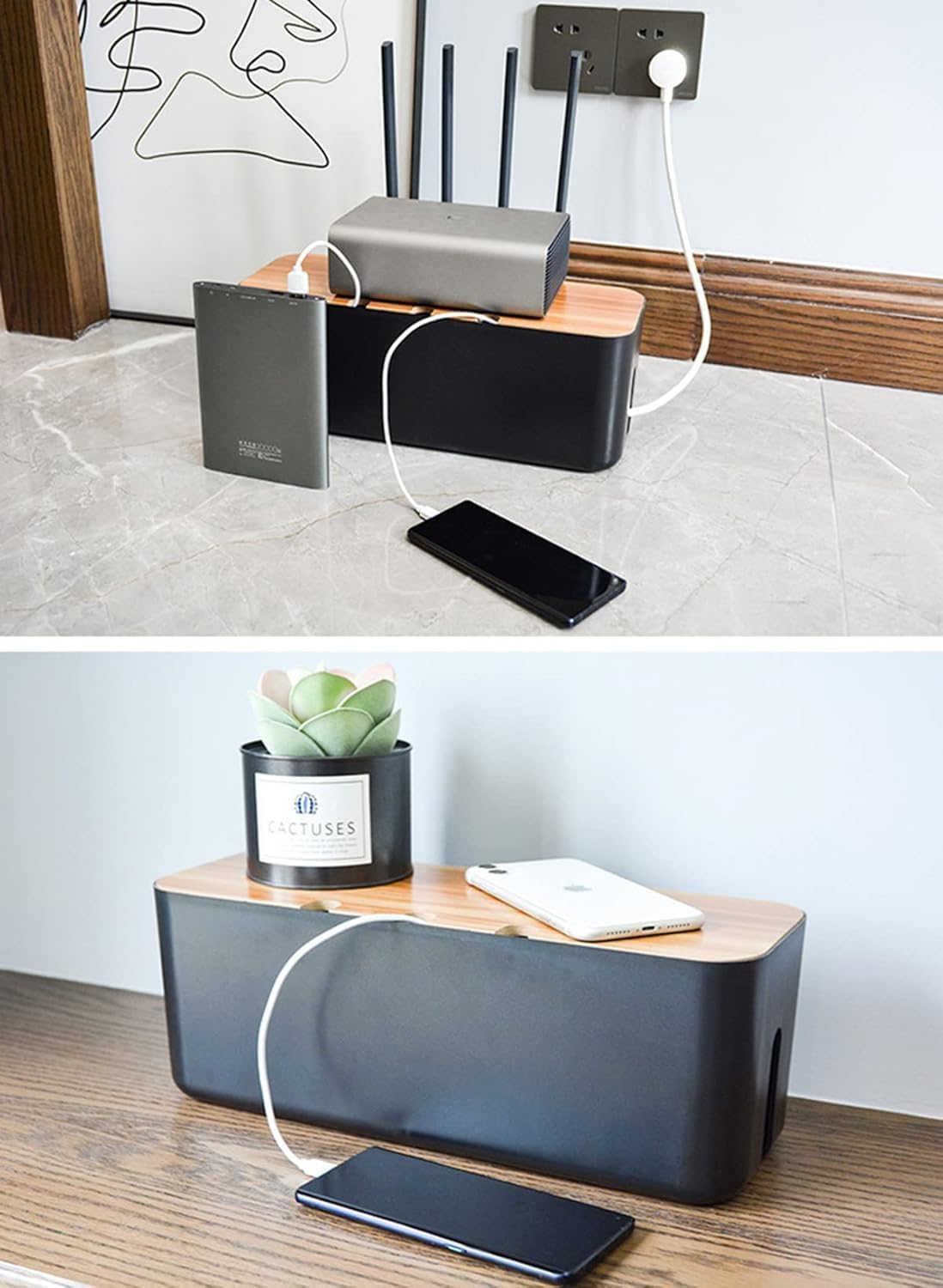 WADY Cable Management Box, Bamboo Cover Cable Management Box, Wires Keeper Holder, Cord Organizer for Desk TV Computer USB Hub System to Cover and Hide & Power Strips & Cords (Black, Small) image number 5