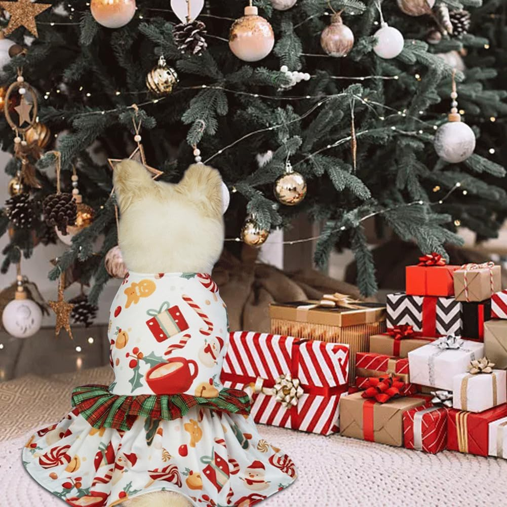 Christmas Dog Clothes Princess Style Dog Dress with Red and Green Plaid Christmas Dog Costume Cozy Pet Clothing Small Dog Clothes for Girls Holiday Xmas Celebrations Dressing (White M) image number 2