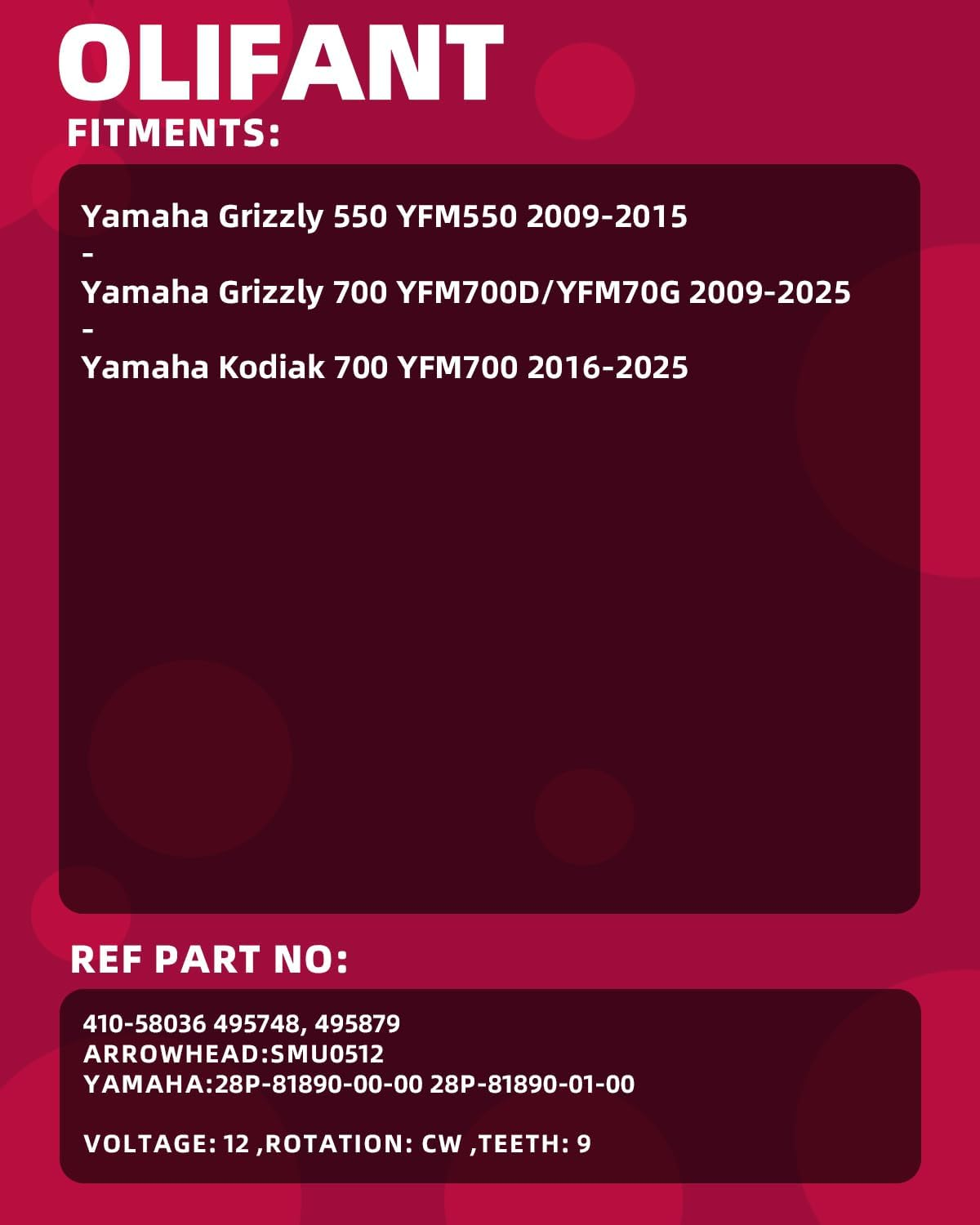 Starter for Yamaha Kodiak 700 2016-2025 Grizzly 700 YFM700 2009-2025 Grizzly 550 YFM550 2009-2015 28P-81890-01-00 Olifant image number 2