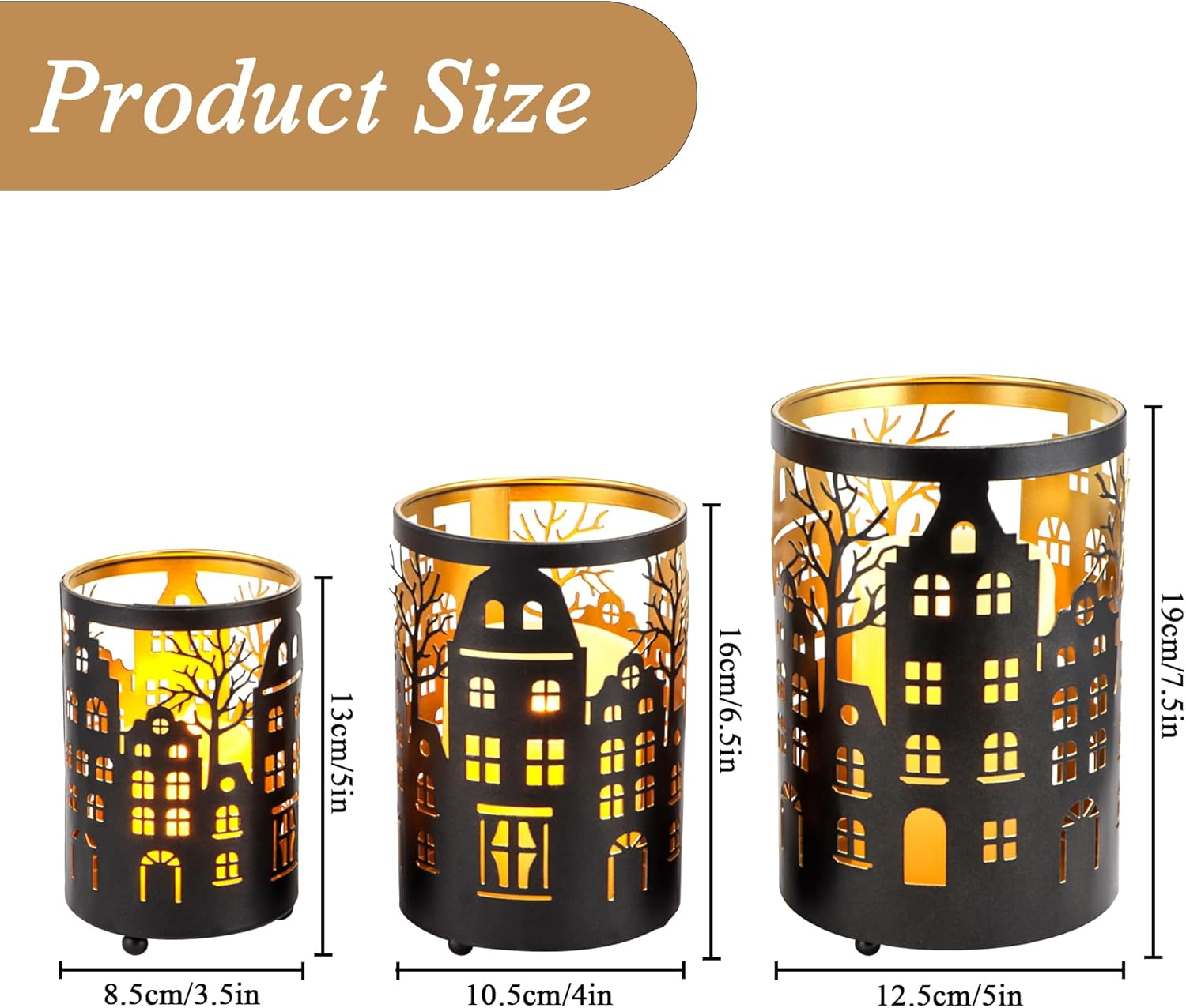 TRIROCKS Set of 3 Metal Candle Lanterns, Decorative Tealight Holders with Cutout House & Tree Design, Wind Lights for Indoor Outdoor Decor（Black Brushed Gold） image number 1