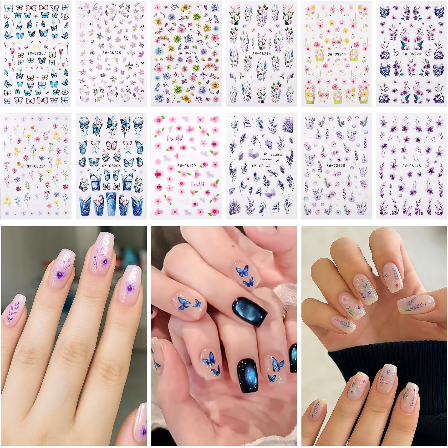 12 Sheets Flower Nail Stickers, 3D Self-Adhesive Flower and Leaf Plant Nail Decals Spring Summer DIY Manicure Decorations for Women Girls image number 4