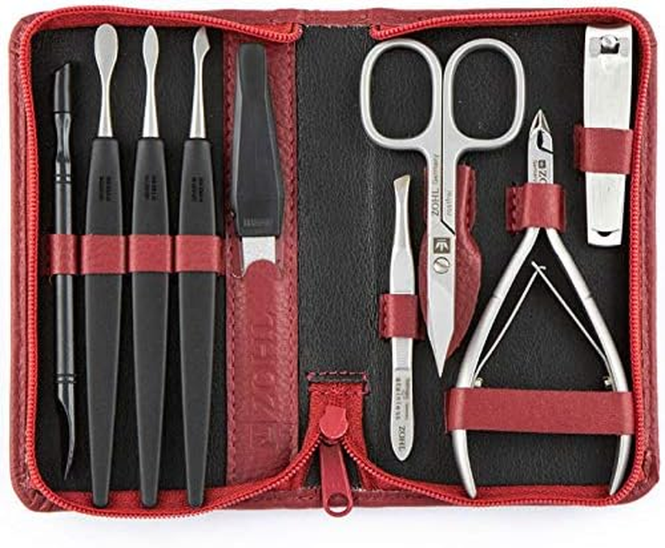 ZOHL Luxury Manicure Se Prestige - 9 Stainless Steel Manicure Instruments in Red Zip Leather Case - Made in Germany