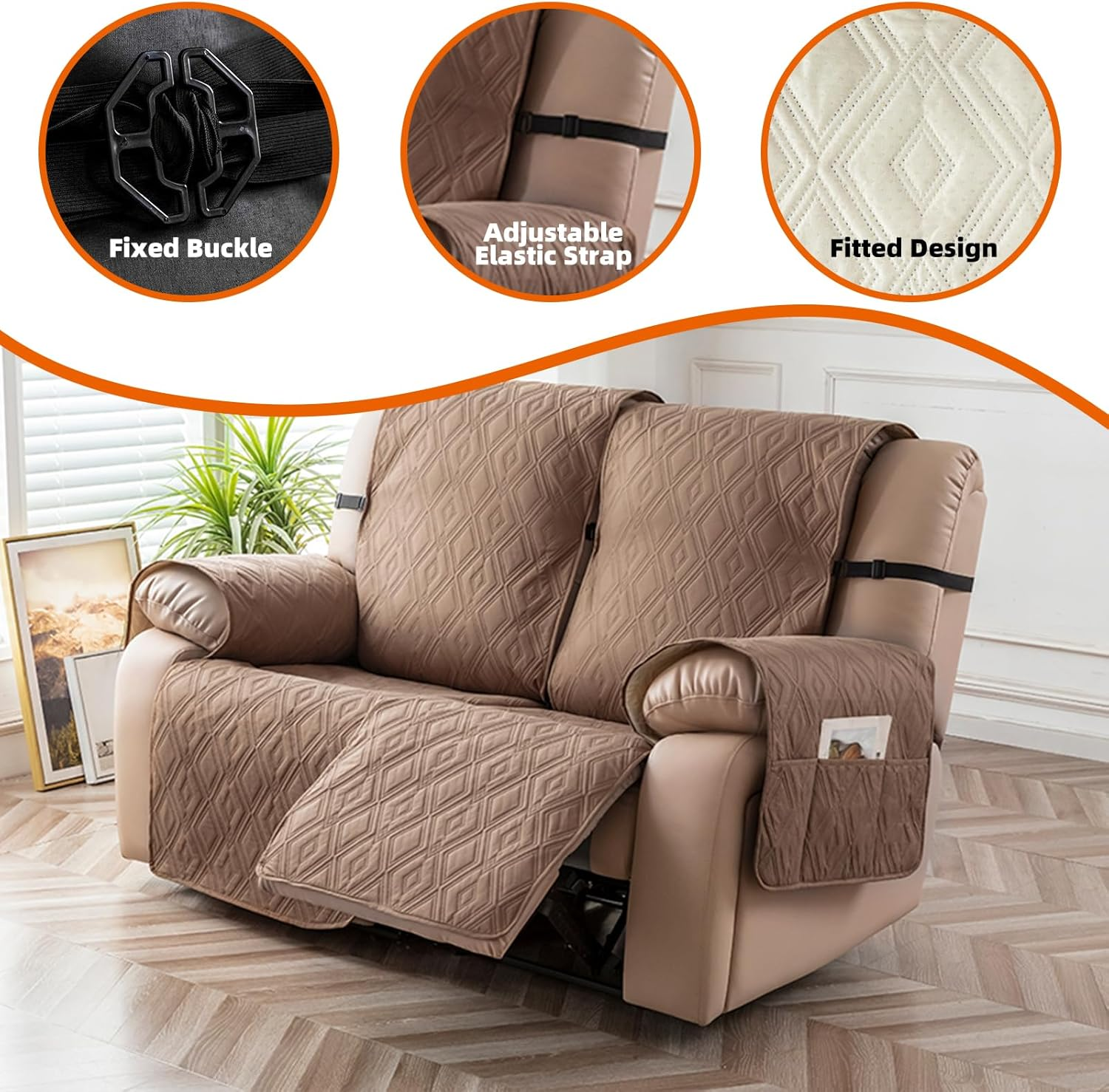 Genina Waterproof Loveseat Recliner Cover Non-Slip, Sofa Cover for Reclining Couch 2 Seat, Washable Couch Cover Loveseat Furniture Protector Cover for Pets Dogs Kids (Camel, Recliner Loveseat) image number 6