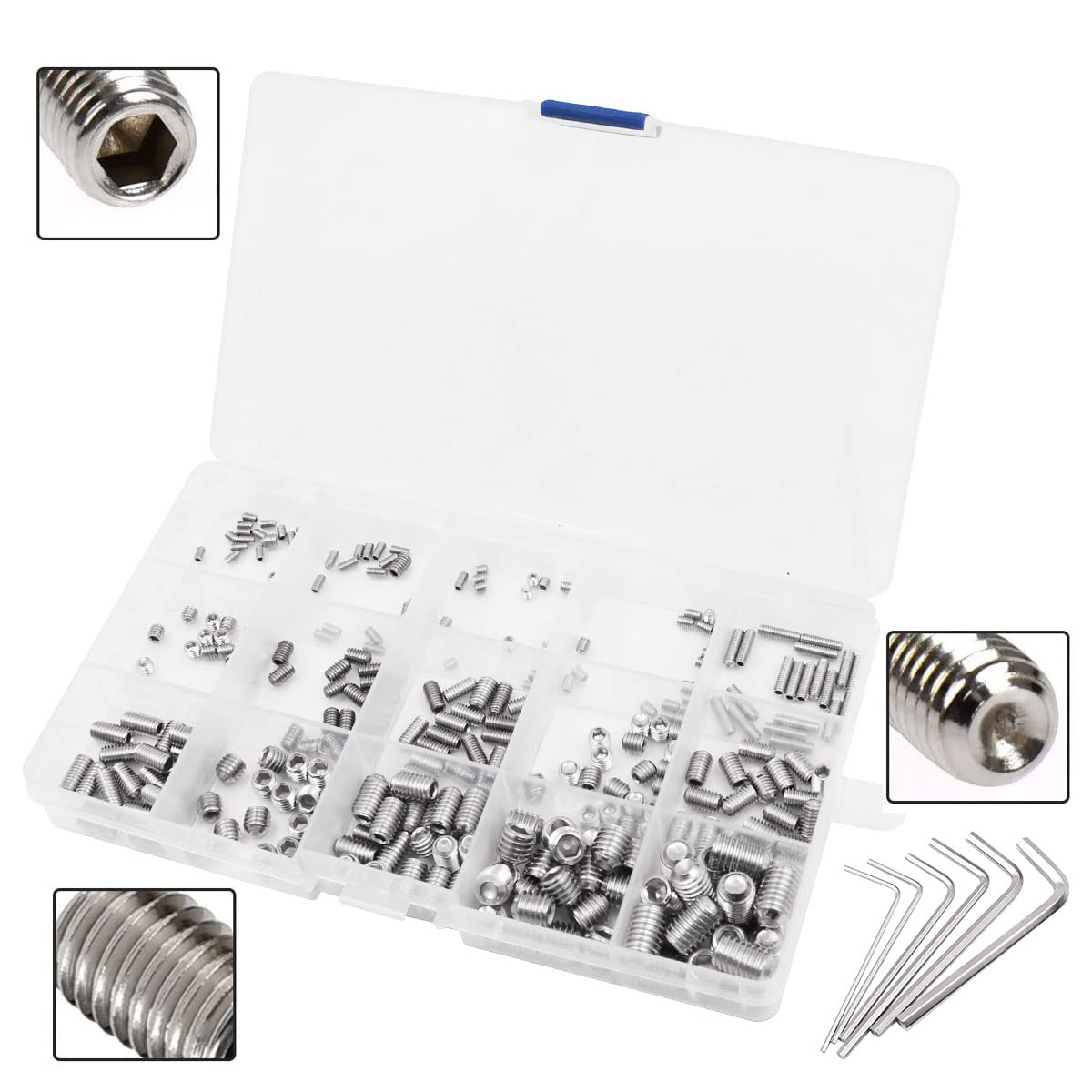 300 Piece NUZAMAS M2.5 M3 M4 M5 M6 M8 Hexagonal Grub Screws Set Grub Screws Stainless Steel Hexagon Head Hex Grub Head Machine Screw with Key for Homework image number 2