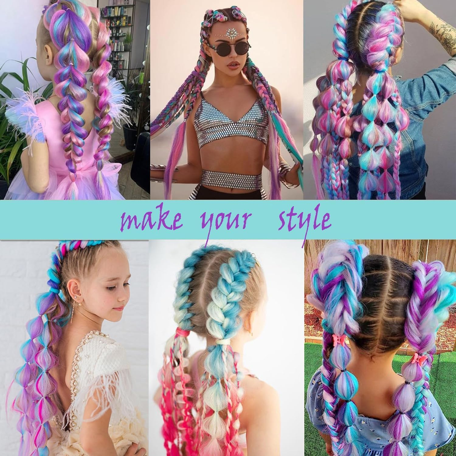 Colorful Hair Extensions 4 PACK, Upgrade 8 Colors 24" Long Braiding Hair Synthetic Hair Extensions Braid Synthetic Fiber Hair for Women Girl