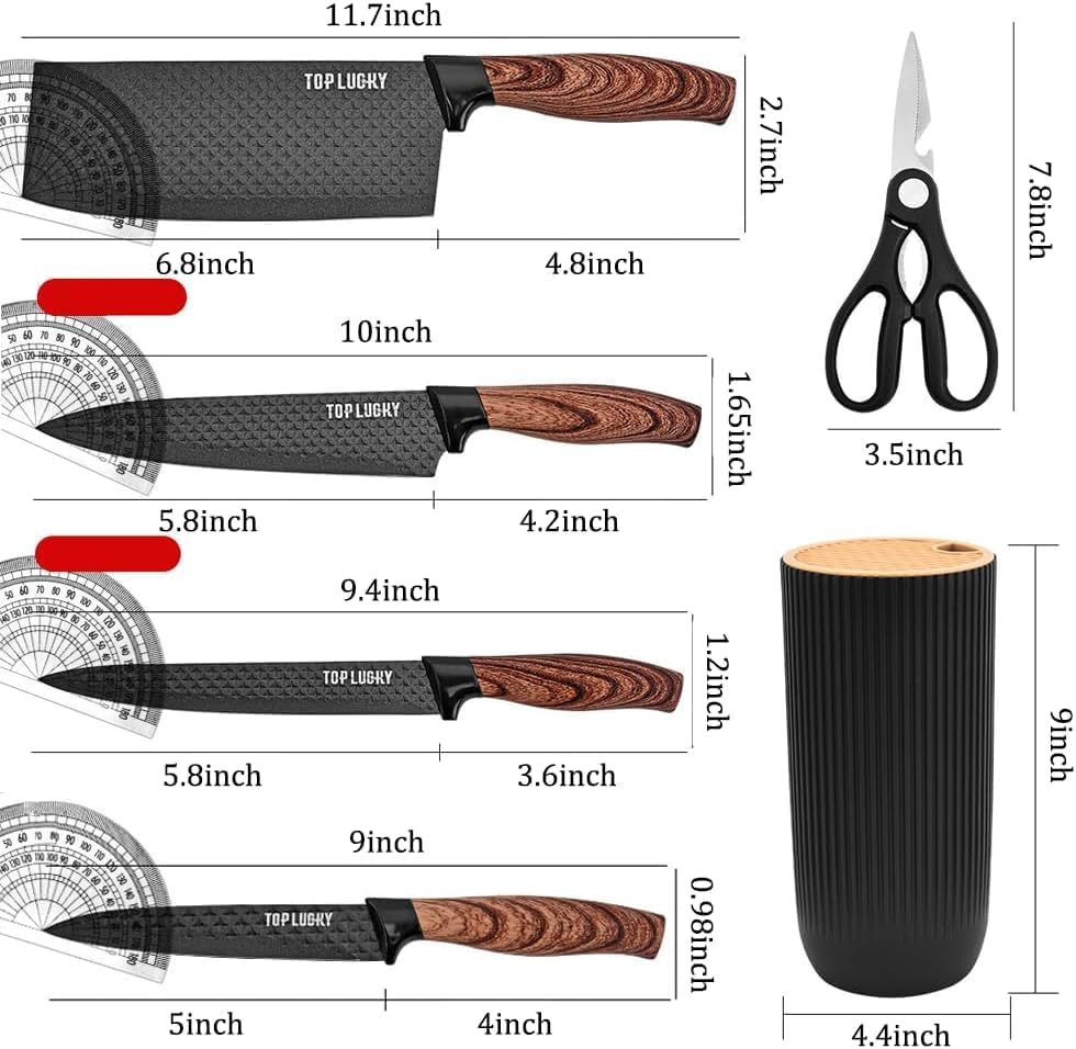 Kitchen Knife Set,6-Pieces Black Sharp Knife Set for Kitchen, Non-Stick Non-Slip Stainless Steel Chef Knife Set with Universal Knife Block Suitable for Home Restaurant (Wood Grain Black) image number 6