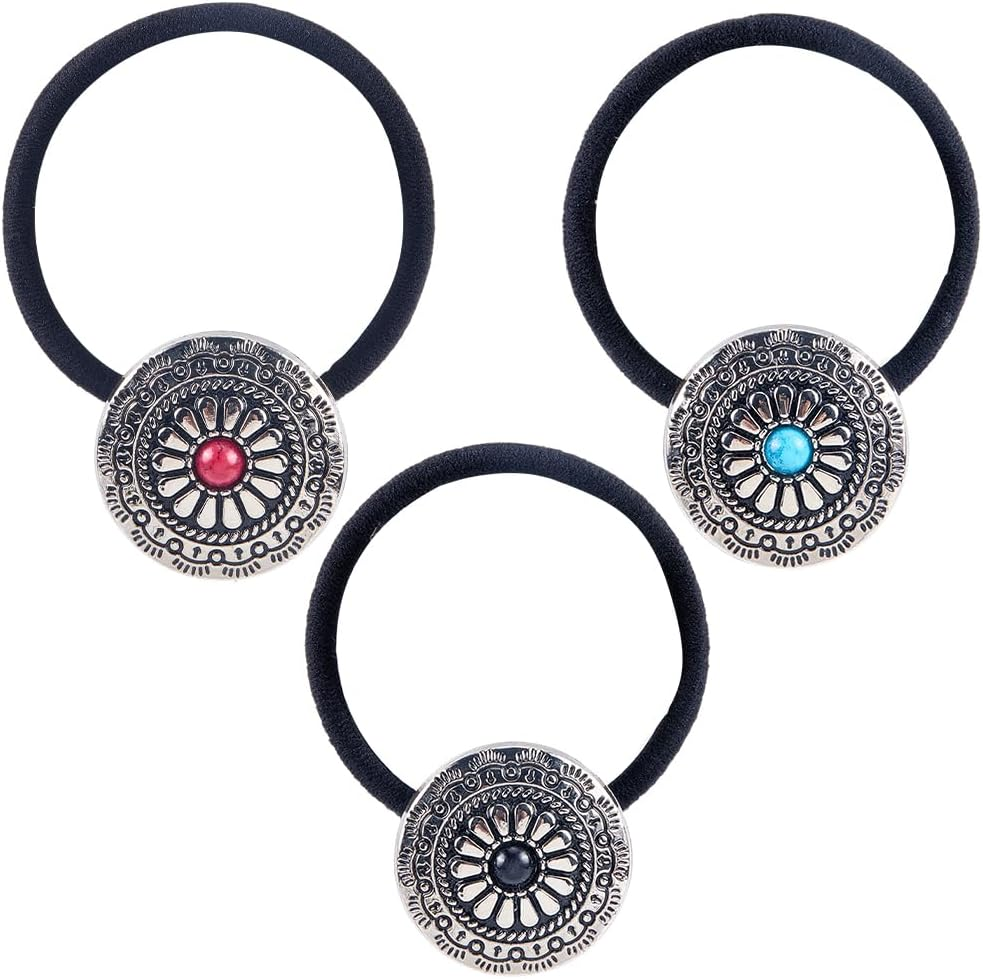 CABODYALS Pack of 6 3 Colours Vintage Squash Blossom Hair Bands Ropes Western Style Metal Ponytail Holder Boho Turquoise Cowgirl Elastic Decorative Hair Scrunchie Bracelet with Box for Women Headpiece image number 3