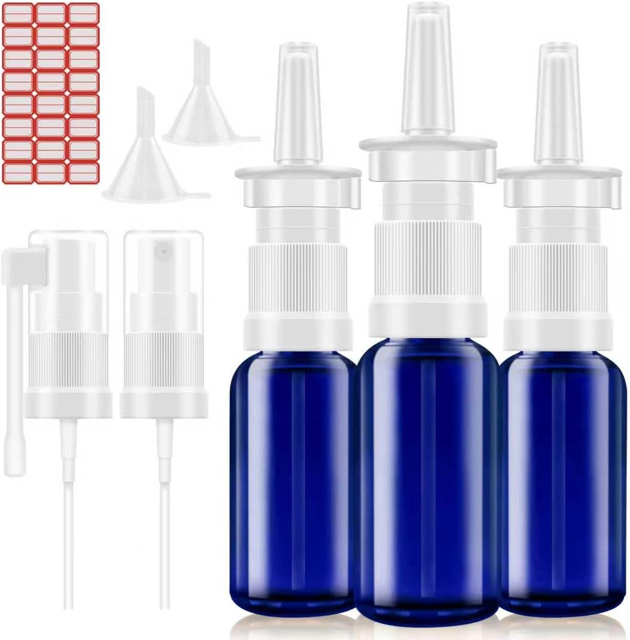 SYGELER Nasal Spray Bottle, 3 Pcs 30Ml/1Oz Glass Refillable Continuous Fine Mister Spray Bottles, Travel Sized Empty Nasal Sprayer with Sprayers, Funnels and Labels(Blue) image number 4