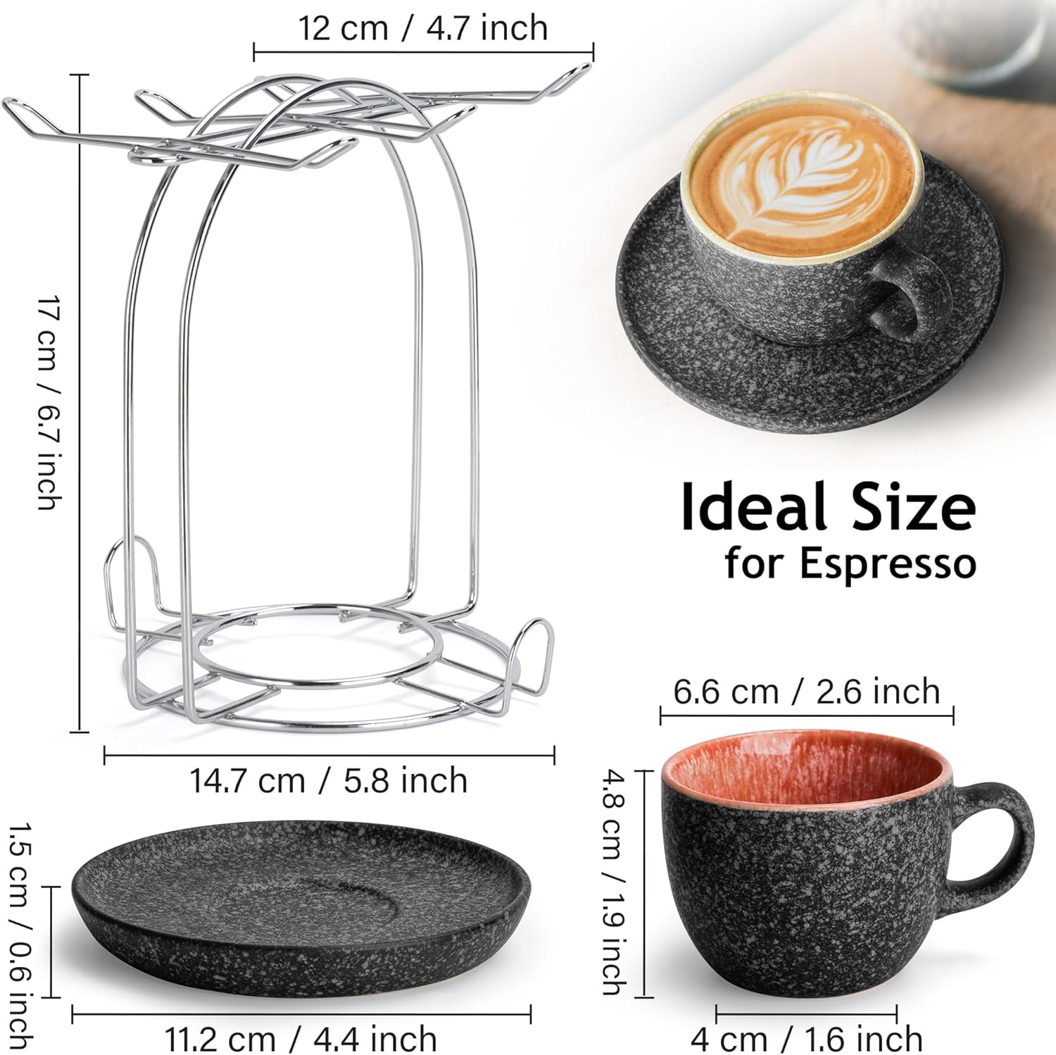 MIAMIO &ndash; 80 Ml Ceramic Stackable Espresso Cups with Saucers and Metal Stand, Set of 6 Espresso Cup, Demitasse Cups, Coffee Mugs for Espresso, Latte, Caf&eacute; Mocha & Tea &ndash; Las Palmitas Collection image number 4