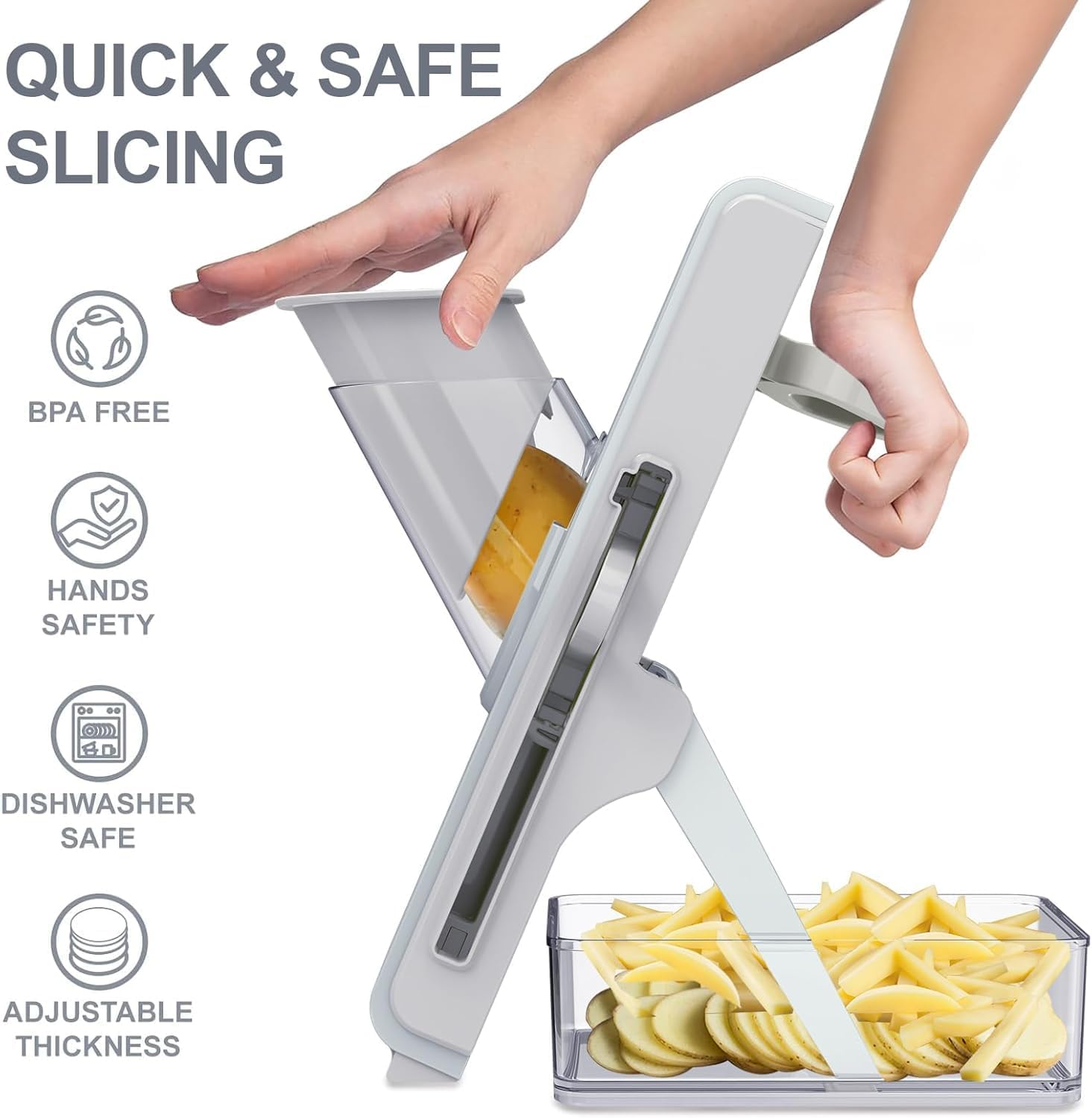 Upgrade Safe Mandoline Slicer for Kitchen - Multifunctional Vegetable Salad Chopper, Potato Cucumber Slicer, French Fry Cutter, Professional 3 in 1 Veggie Food Chopper with Container (Light Grey)