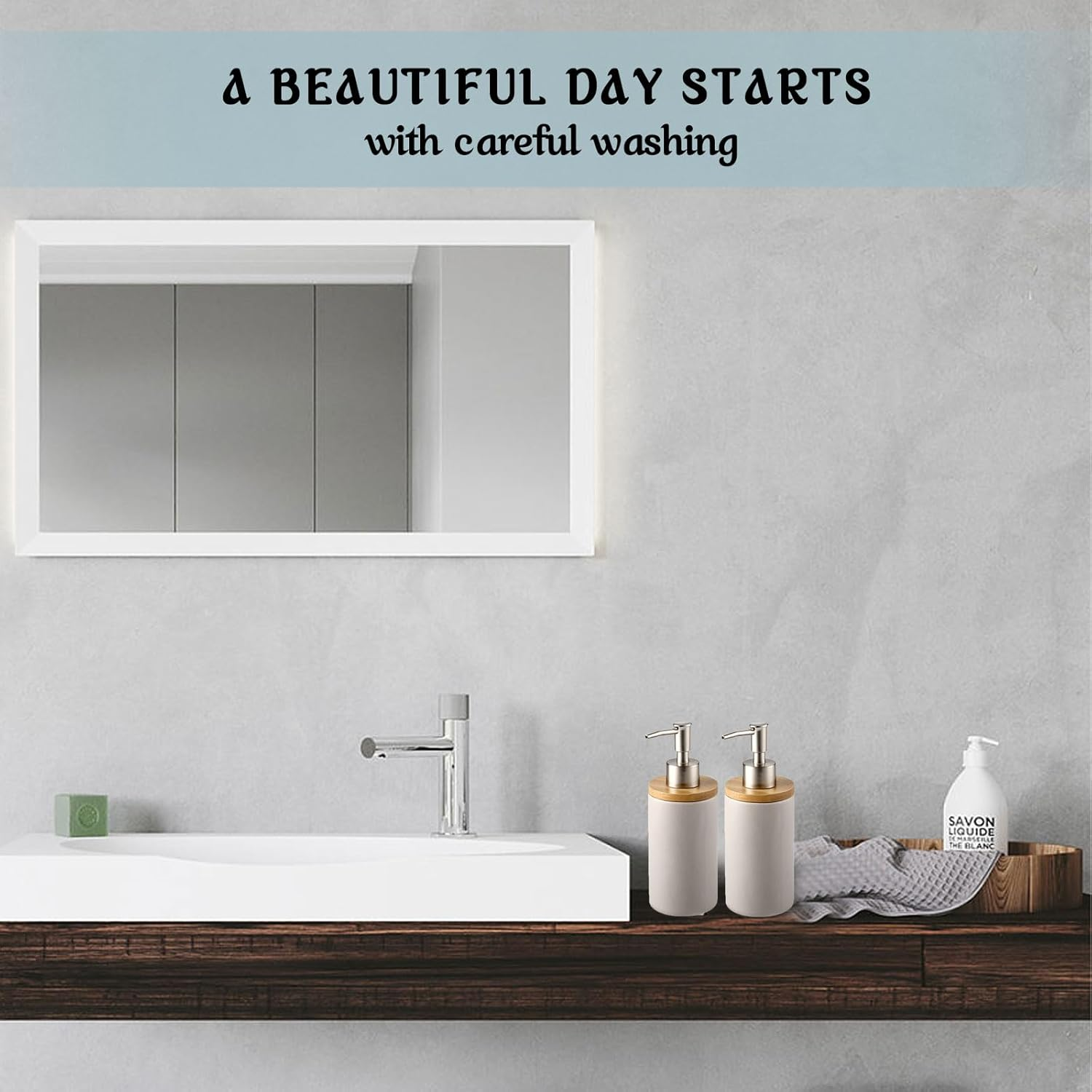 2Pcs Ceramic Dish Soap Hand Soap Dispenser, 400Ml Hand Soap Dispenser Set Kitchen Decorative Pump Jar Dispenser Refillable Liquid Wash Dispenser Bottle for Bathroom, Countertop, Kitchen (Grey) - Black image number 6