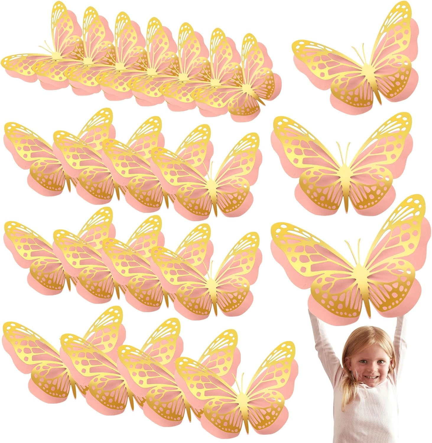 Geosar 20 Pcs 3D Large Butterfly Party Decoration 2 Layer Giant Paper Butterfly Stickers Big Butterfly Wall Decoration Set Large Butterfly for Birthday Baby Shower Nursery (Gold,Pink) - 20, Black image number 3