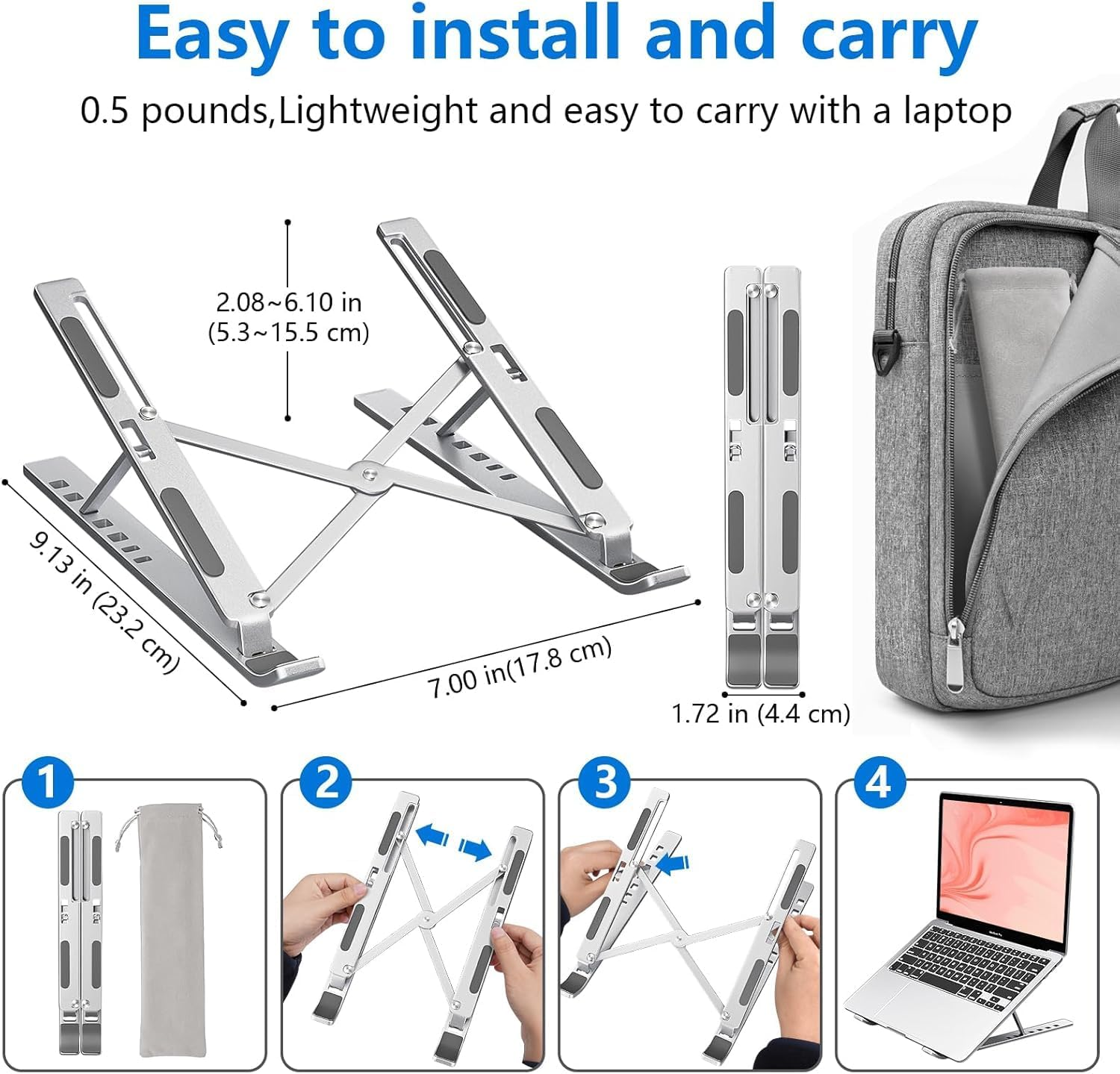 Laptop Stand, Hlculture Portable Adjustable Tablet Stand, Foldable Aluminum Laptop Holder Riser, Compatible with Macbook Air, Macbook Pro, HP, More 10-15.6" Laptops & Tablet (Silver-1Pack) - Silver-1Pack image number 5