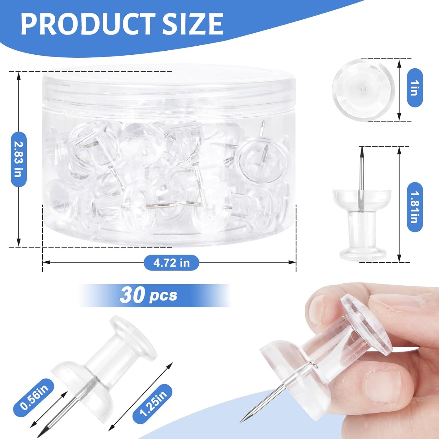 DANRONG 30 PCS Jumbo Push Pins for Bulletin Board, Large Thumb Tacks for Wall, 1.81 Inch, Giant Clear Thumbtacks, Pin Tacks for Cork Board Hanging Maps Photos Posters Calendar, Office School Supplies image number 2