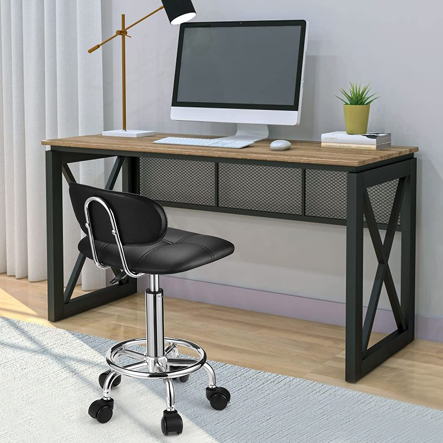 Square Rolling Stools with Backrest Height Adjustable Swivel Stool with Wheels Black image number 3