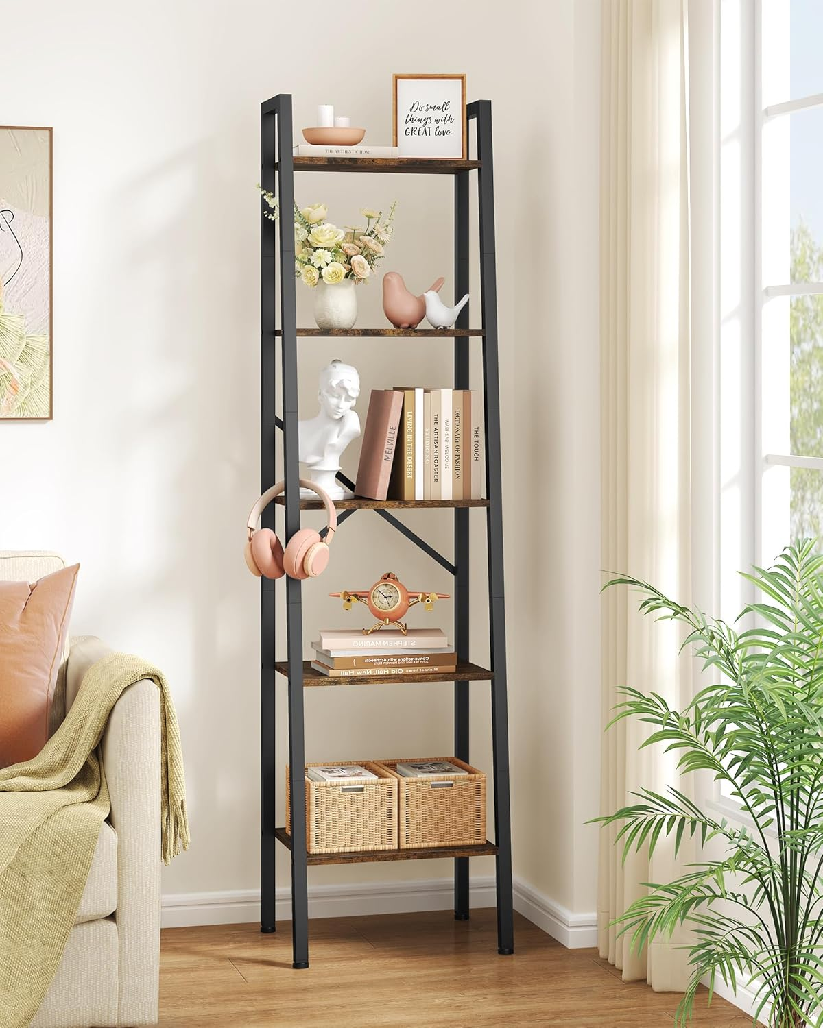 Hoctieon 5-Tier Industrial Ladder Bookshelf, Narrow Ladder Shelf, Tall Standing Bookshelf, Skinny Open Ladder Shelf, for Living Room, Home Office, Kitchen, Bedroom, Metal Frame, Rustic Brown