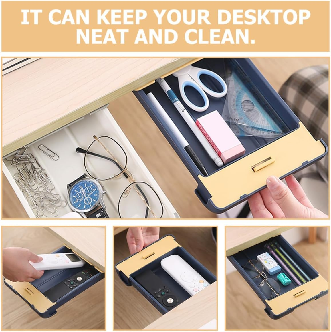 HOMOCONO under Desk Drawer Organizer with Adhesive Hidden under Table Pencil Tray Storage Box for Office Stationery Practical Sticky for Workspace image number 1
