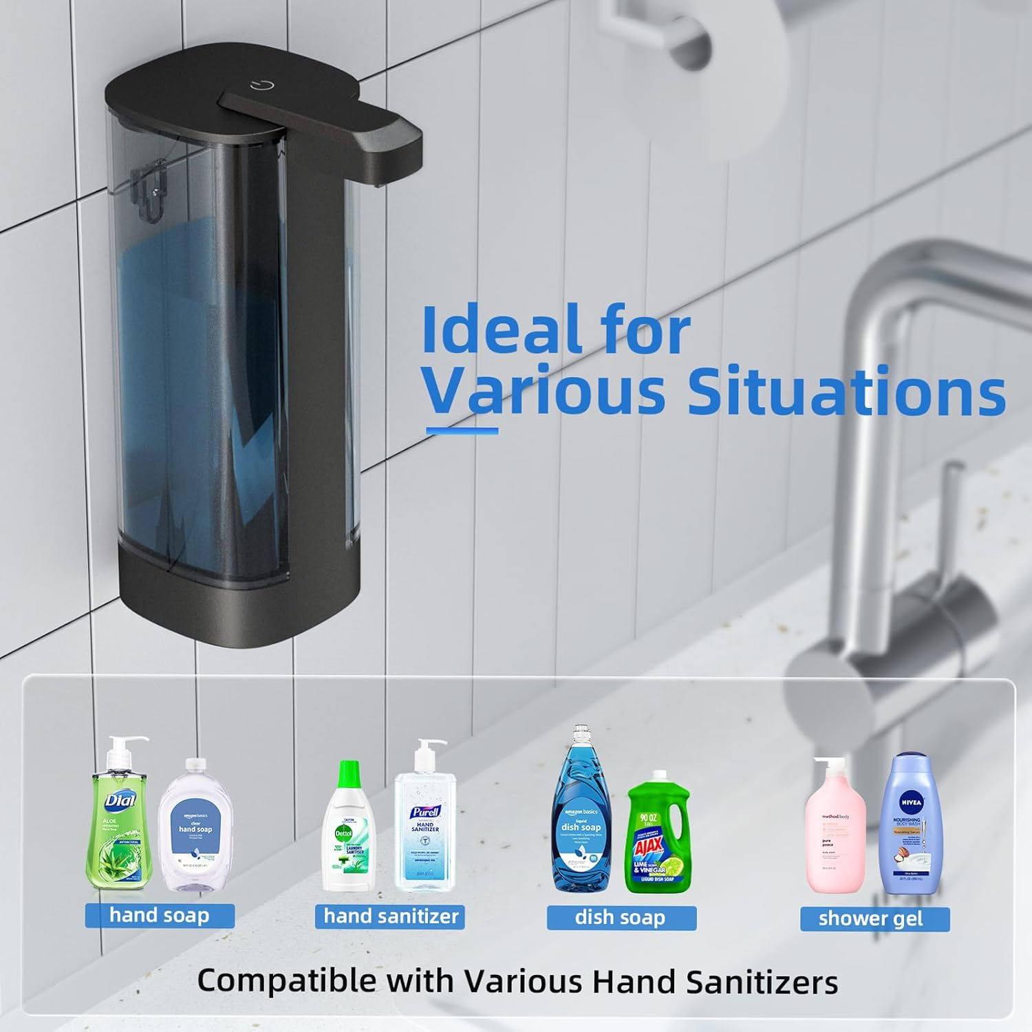 Automatic Liquid Soap Dispenser 17Oz/500Ml Touchless Dish Soap Dispenser IPX5 Waterproof 4 Adjustable Dispensing Levels,Usb Liquid Hand Soap Dispenser Electric for Kitchen Bathroom Hotel (Black) image number 3