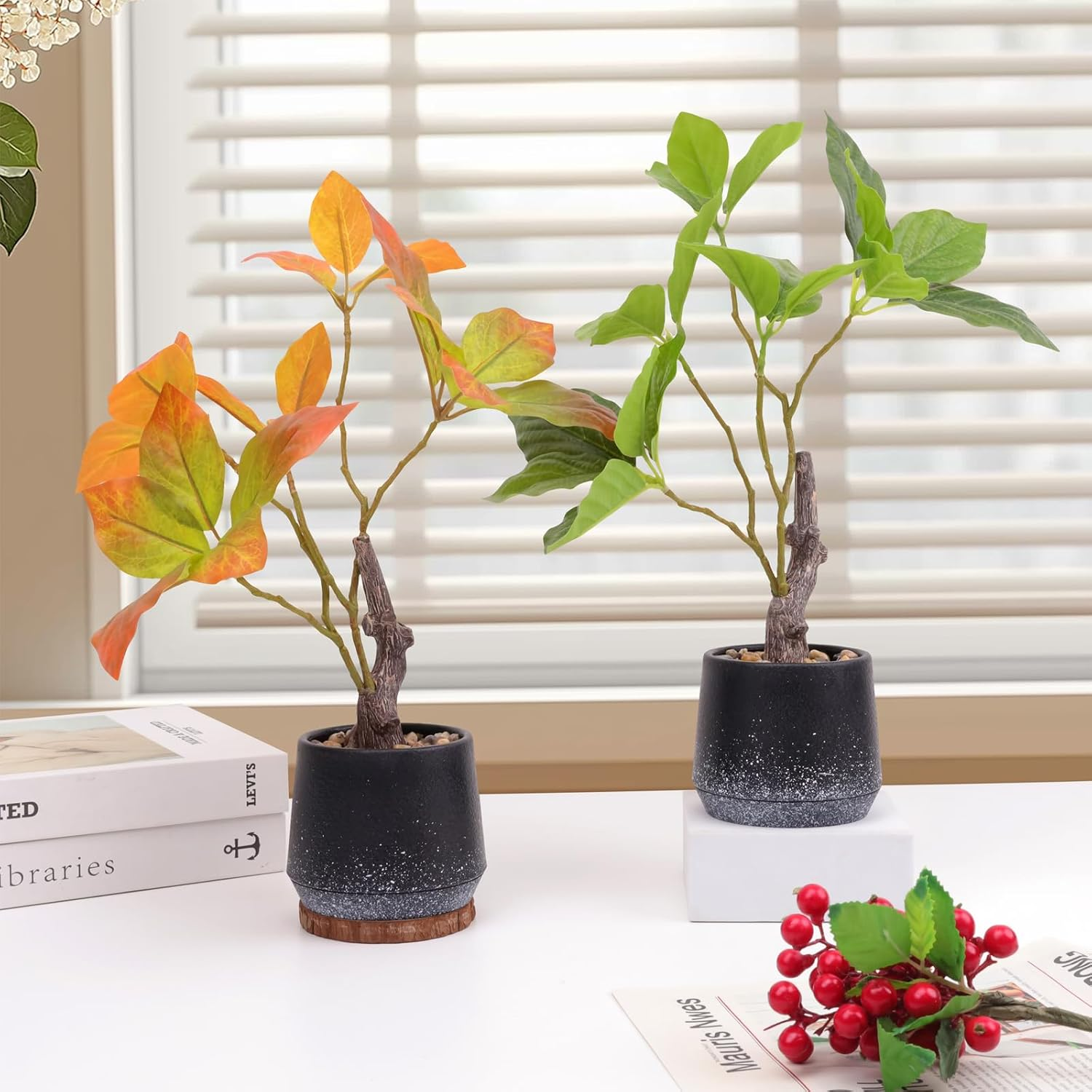 Gresorth 2 Pack Artificial Bonsai Plants with Decorative Pebbles Fake Realistic Greenery Potted Decor for Indoor Spaces Office Displays Garden Landscapes - 30Cm - C - 2 Colors image number 5