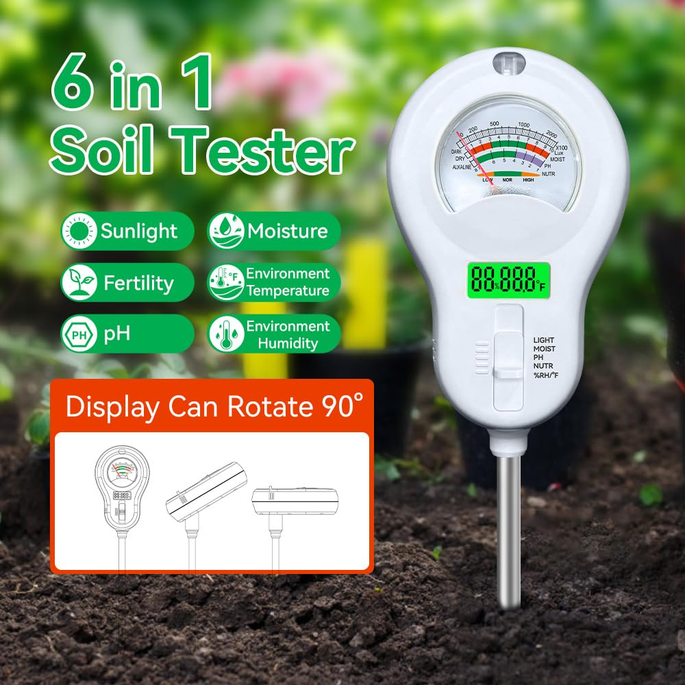 Soil Tester 6-In-1 Soil Moisture Meter Sunlight/Moisture/Fertility/Ph/Environment Temperature/Environment Humidity,Backlight LCD Display for Gardener,Lawn, Farming,Plant Care,Potting Soil Growing image number 4