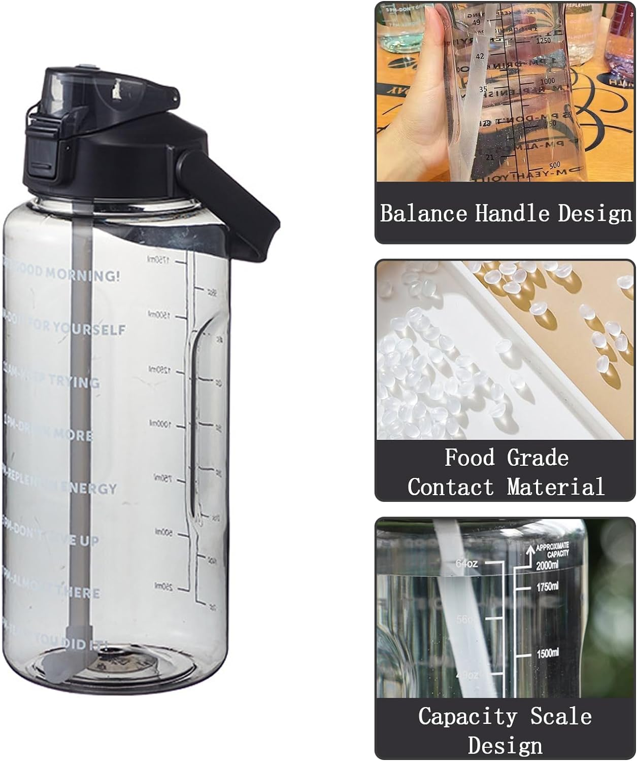 2L Large Water Bottle Black Half Gallon Water Jug, 68Oz /2 Liter Sports Gym Drink Container, Leakproof BPA Free Big Water Bottle with Handle & Straw & Time Marker for Outdoor Fitness image number 3