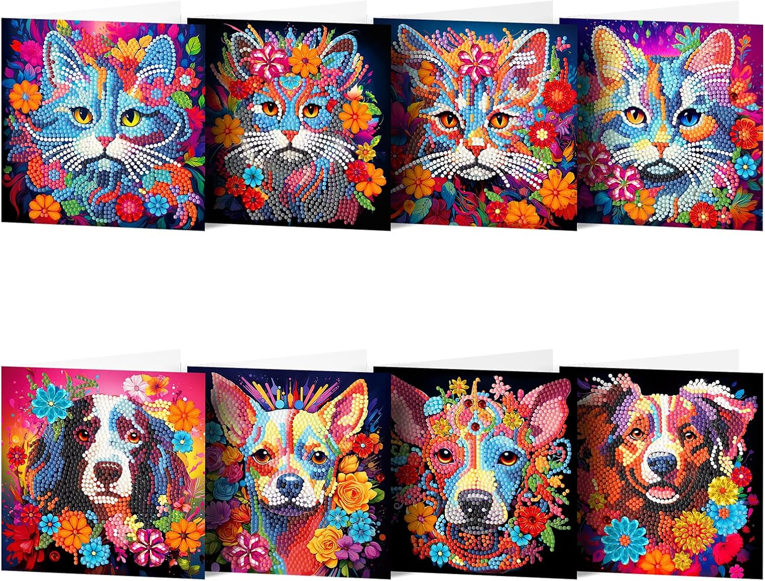 Pigpigboss 8 Packs Cat and Dog Diamond Painting Greeting Card Kit, Special Shaped Flower Animal Face Diamond Art Birthday Thank You Cards with Envelope for Adult Beginner Holiday Blessing