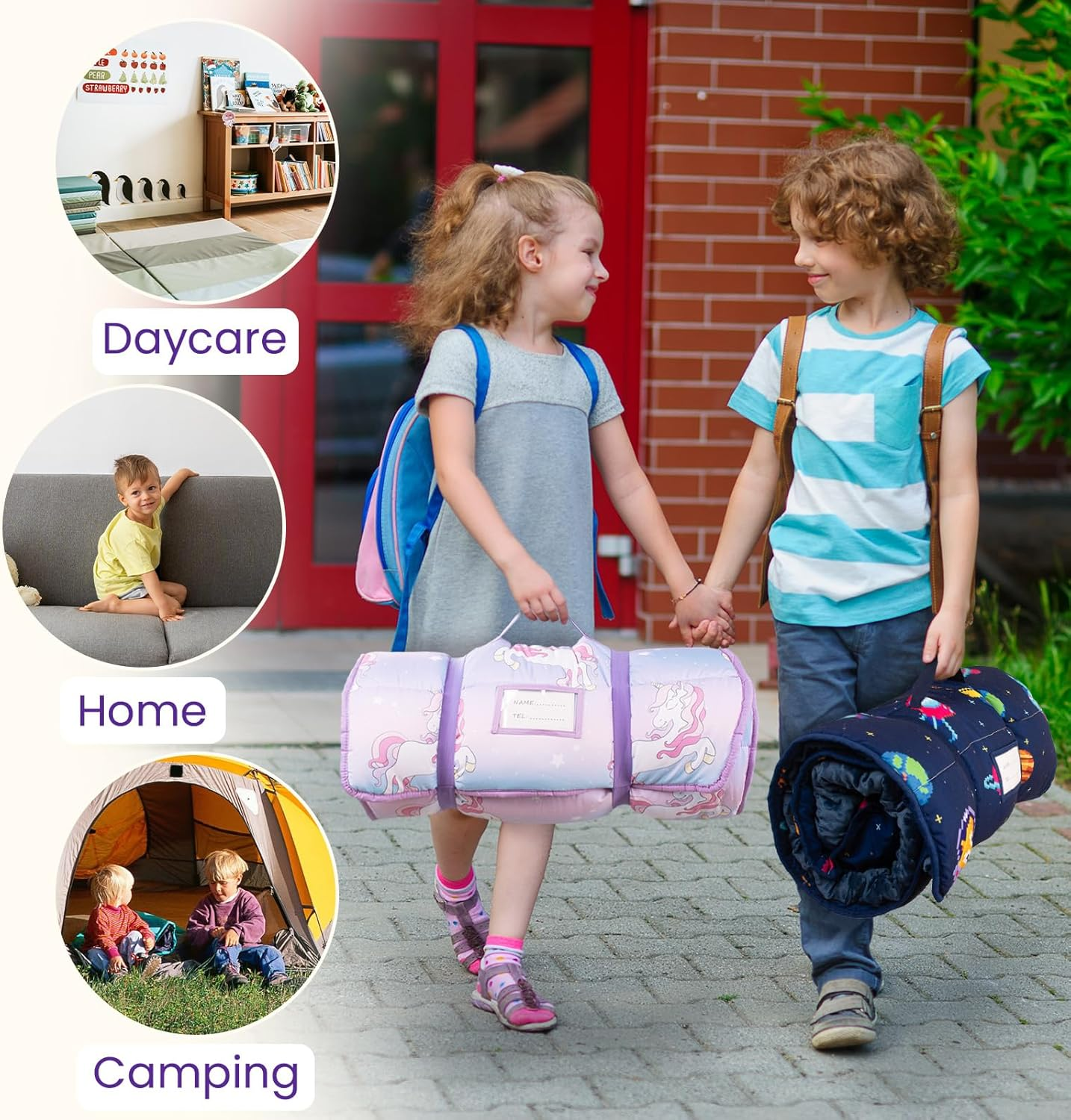 55"X22"X3" Nap Mat with Removable Pillow & Blanket, Kids Sleeping Bag with Reinforced Seams, Super Thick Padding Toddler Nap Mat for Daycare,Preschool,Kindergarten - Dinosaur image number 2