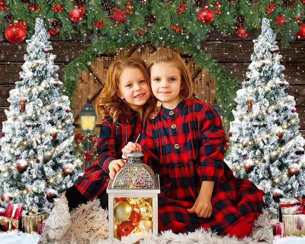 Christmas Backdrop 10X8Ft Wood Barn Winter Christmas Photo Backdrop for Photography Wooden Door Christmas Tree Gifts Snowy Background Kids Adults Family Christmas Eve Party Decoration Props
