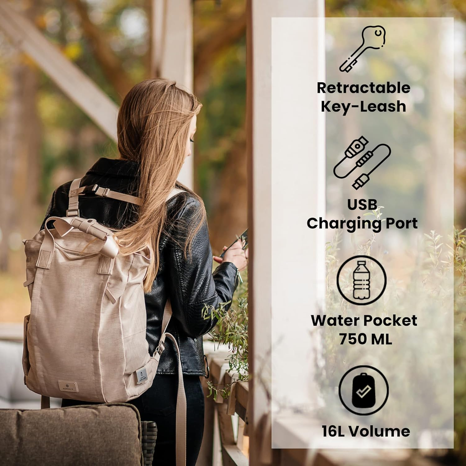 Nordace Siena II Totepack Travel Backpack for Men & Women with USB Charging Port, Water Resistant - Bookbag for Everyday - Beige image number 5