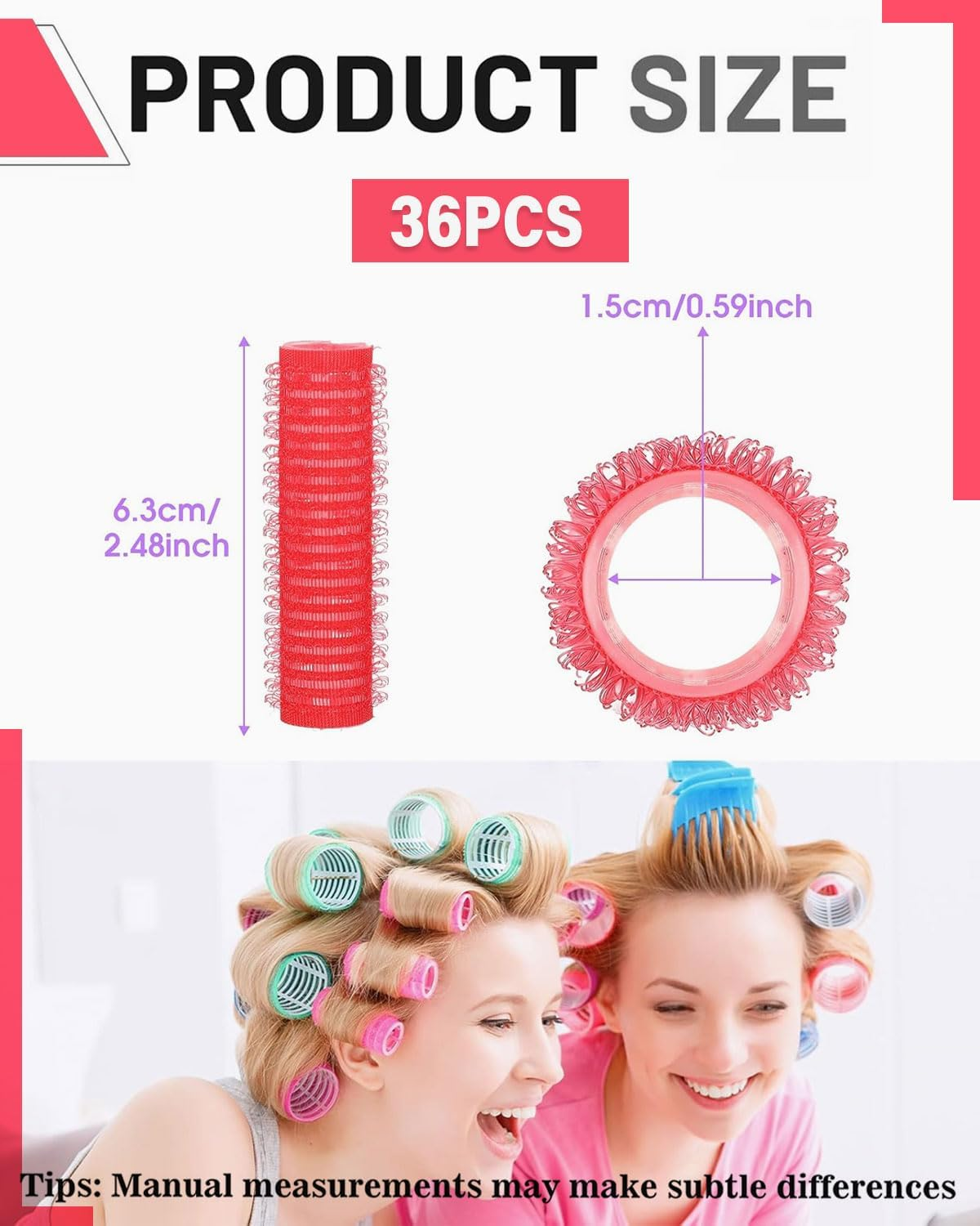 TPZORJX 37 Pieces Manual Hair Rollers Self Adhesive for Salons, Hairdressing Salons, Rat Tail Combs, DIY Curlers with Steel Pointed Tail Combs (Red)
