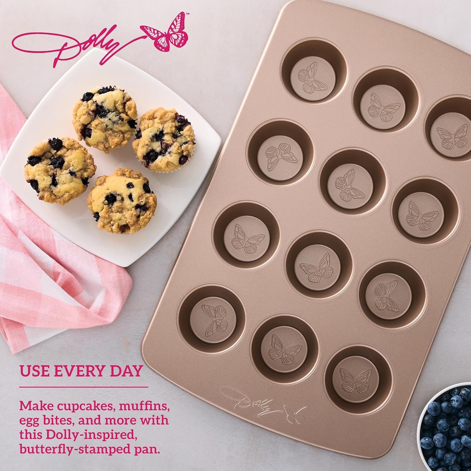 Dolly Parton Butterfly Stamp 12-Cup Muffin Pan &ndash; Carbon Steel Nonstick Bakeware with Textured Butterfly Design, Durable Rolled Rim, Oven Safe to 450F, Perfect for Muffins, Cupcakes and Mini Quiches image number 6