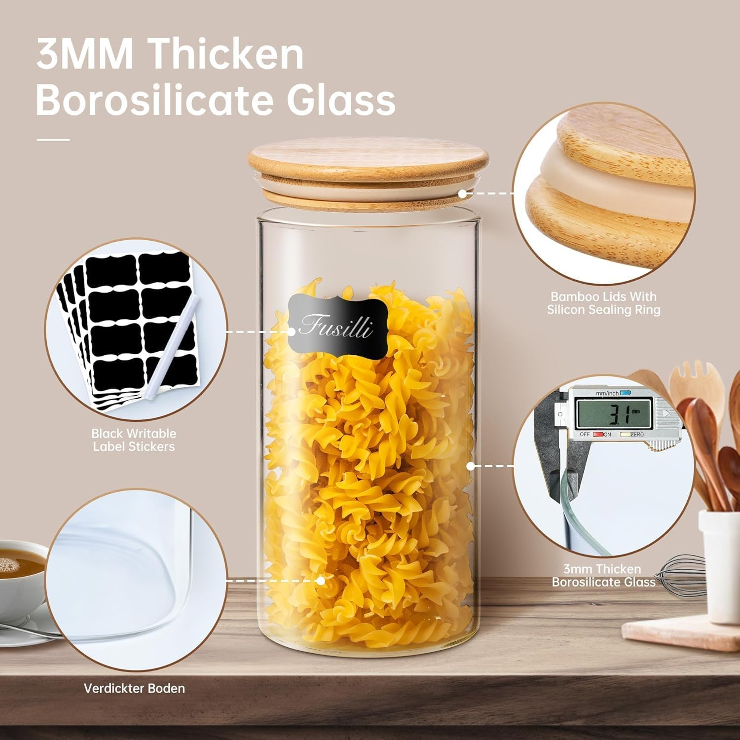 17Oz - 4 Pack Glass Jars with Bamboo Lids, Glass Food Storage Containers with Airtight Lids, Air Tight Pantry Storage Containers for Coffee, Sugar, Spice, Meal Prep Jars for Salad & Fruit image number 4