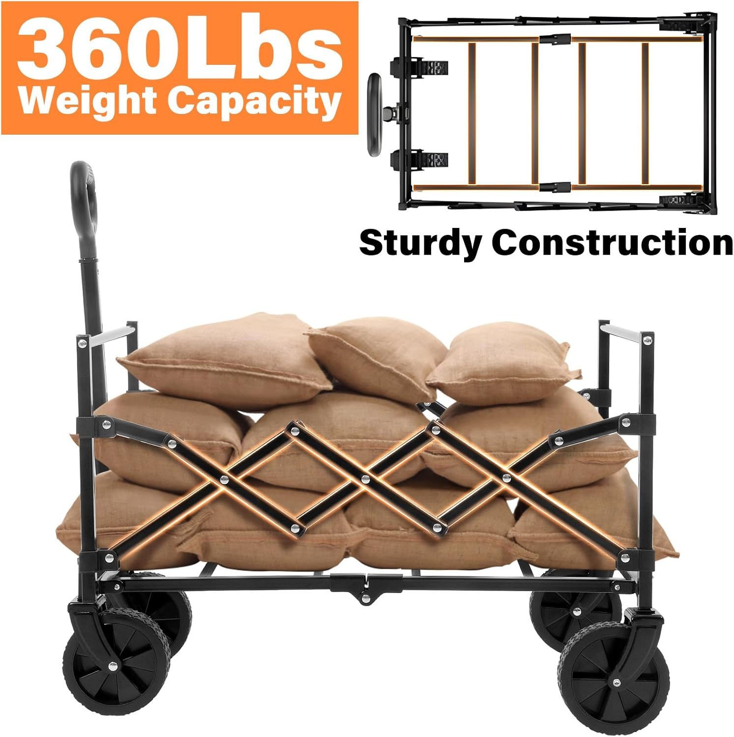 Wagons Carts Foldable - Collapsible Wagon Cart with Wheels Foldable - Utility Folding Wagon Cart for Sports Camping Grocery, Black image number 3