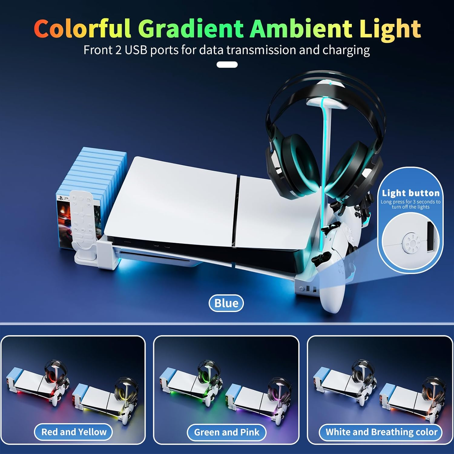 HONCAM Horizontal Stand for Ps5 Slim Disc & Digital Console, PS5 Slim Stand with Dual Controller Charger and 7 RGB Light, PS5 Slim Accessories for 2023 PS5 Slim Console (NOT Fit 2020 PS5), White image number 4