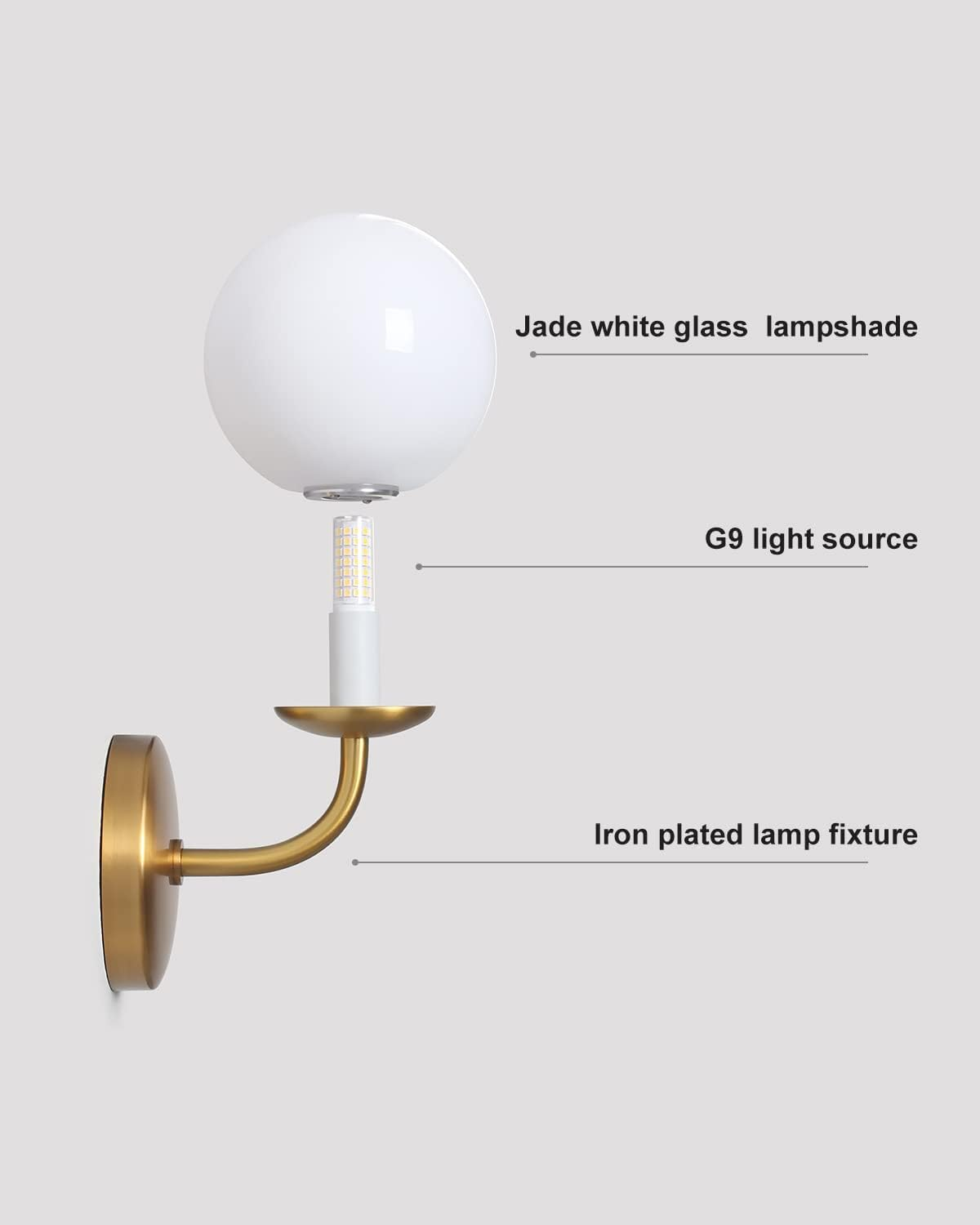 DAWALIGHT Globe Wall Light Bathroom Vanity Lights Mains Powered G9 5W 3000K Warm White LED Bathroom Wall Lamp Waterproof Wall Lighting Fixture for Living Room Bedroom Dining Room,Brass image number 6