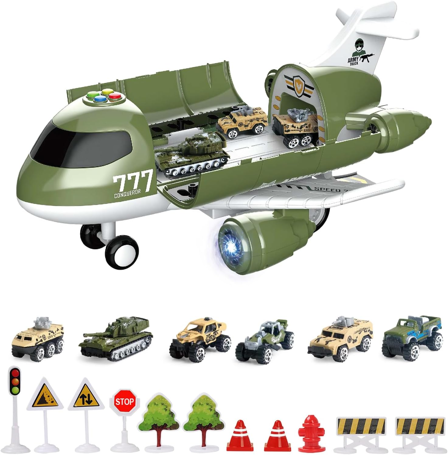 Military Cargo Airplane with Car Toys Set, Vehicles Playset for Kids Boys 4 5 6 Years Old