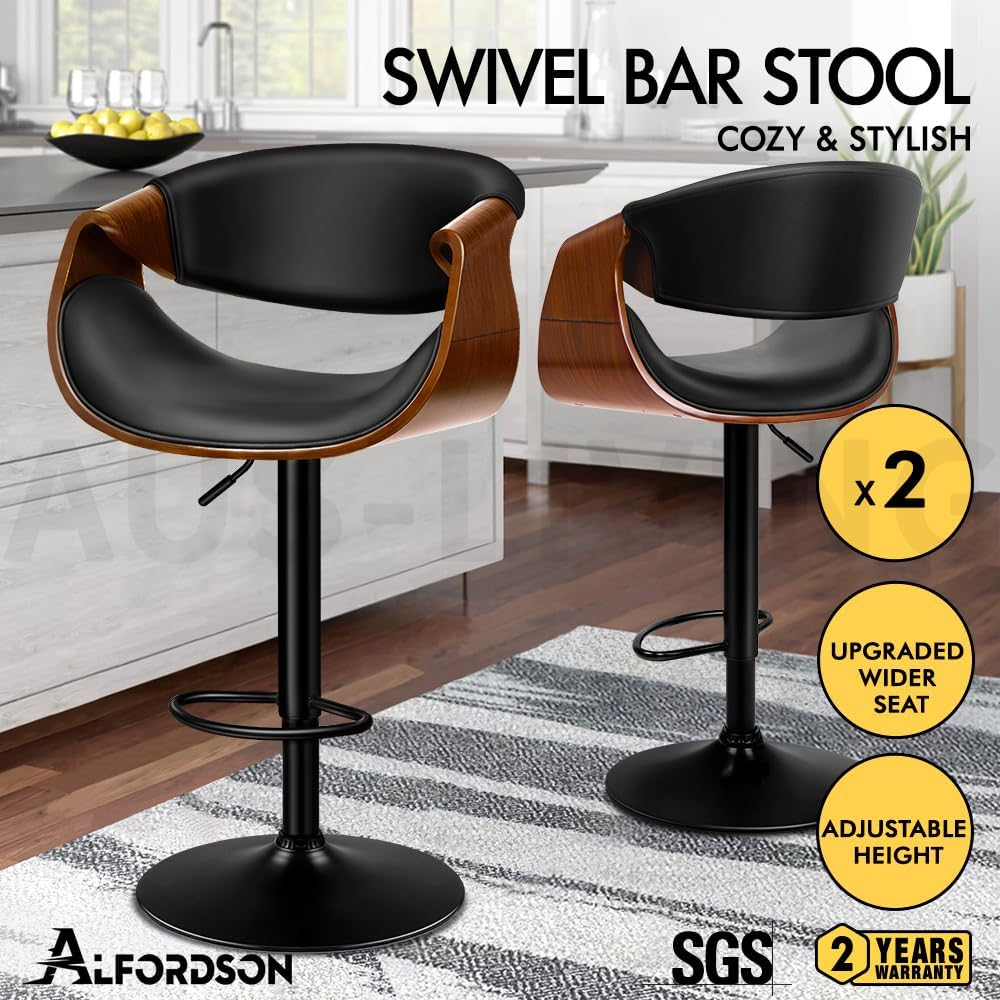 ALFORDSON 2X Bar Stools, Adjustable Kitchen Stool, Trice Swivel Counter Barstool in 61-82Cm Seat Height, Wooden Dining Chair with Anti-Slip Floor Protector for Home Bar Dining Room image number 6