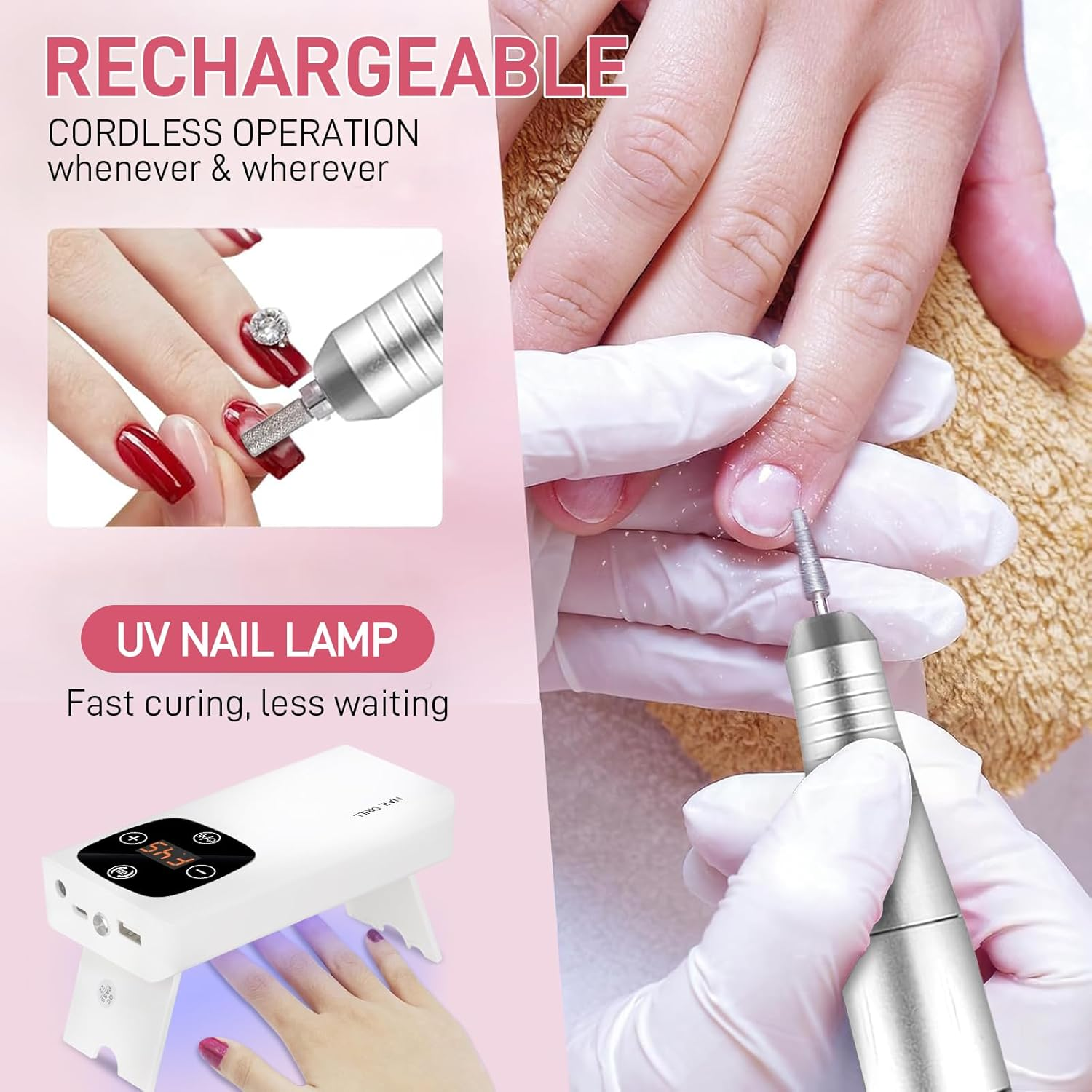 2-In-1 Cordless Nail Drill with Nail Lamp, Professional Rechargeable 45000 RPM Electric Nail File for Acrylic, Gel Nails, Manicure, Pedicure, Salon & Home Use image number 2