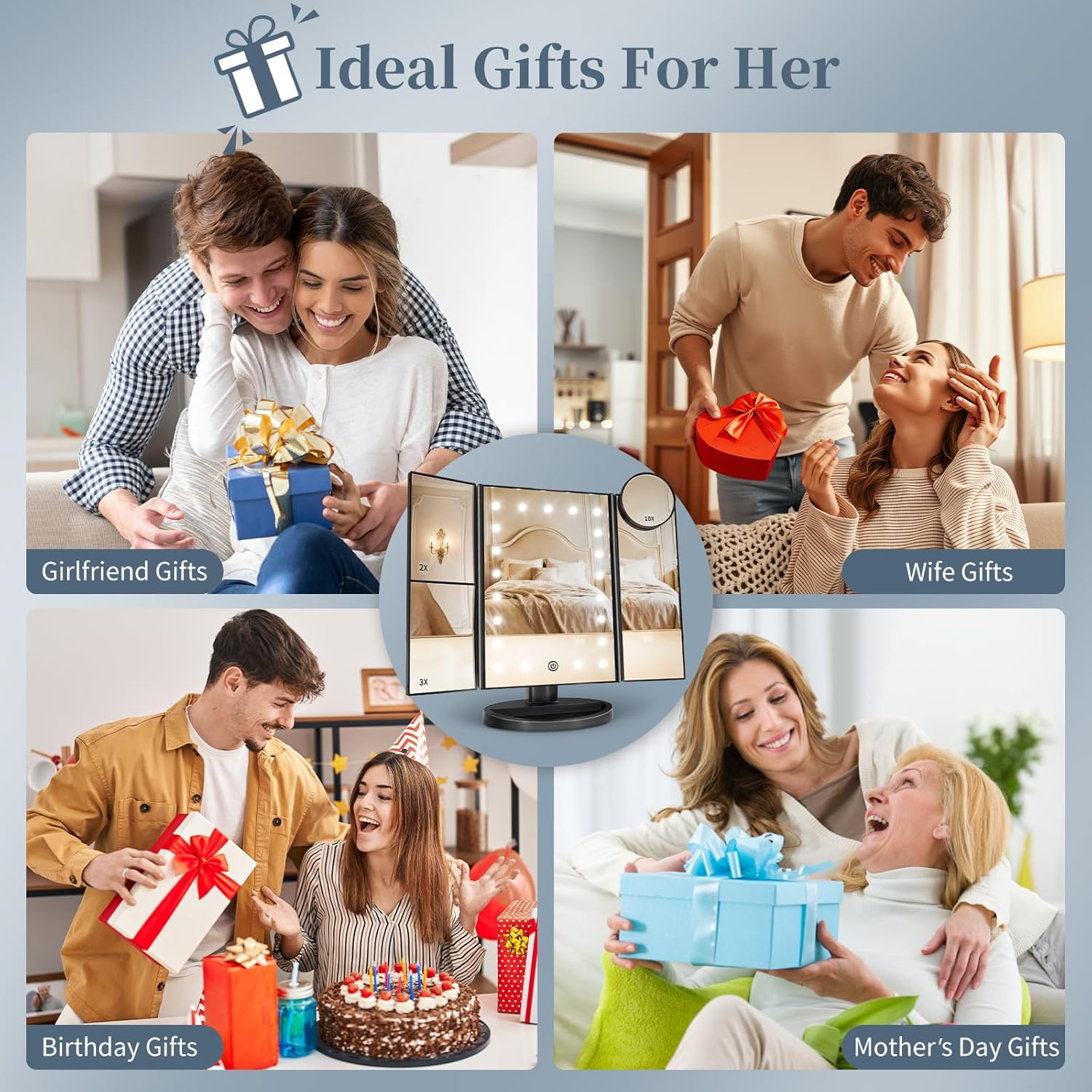 HUONUL Makeup Mirror Vanity with Lights, 2X 3X 10X Magnification, Lighted Mirror, Touch Control, Trifold Dual Power Supply, Portable LED Women Gift (Black) (SM241D-DL) image number 3