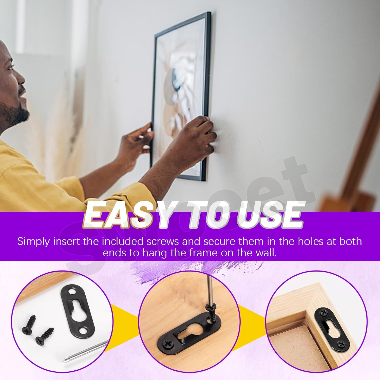 Swpeet 280Pcs 45 X 16Mm Black Carbon Steel Single Keyhole Hangers with Screws and Picture Frame Turn Button Fasteners Assortment Kit, Keyhole Hanging Plate Picture Hanger for Frame, Key, Photo image number 6