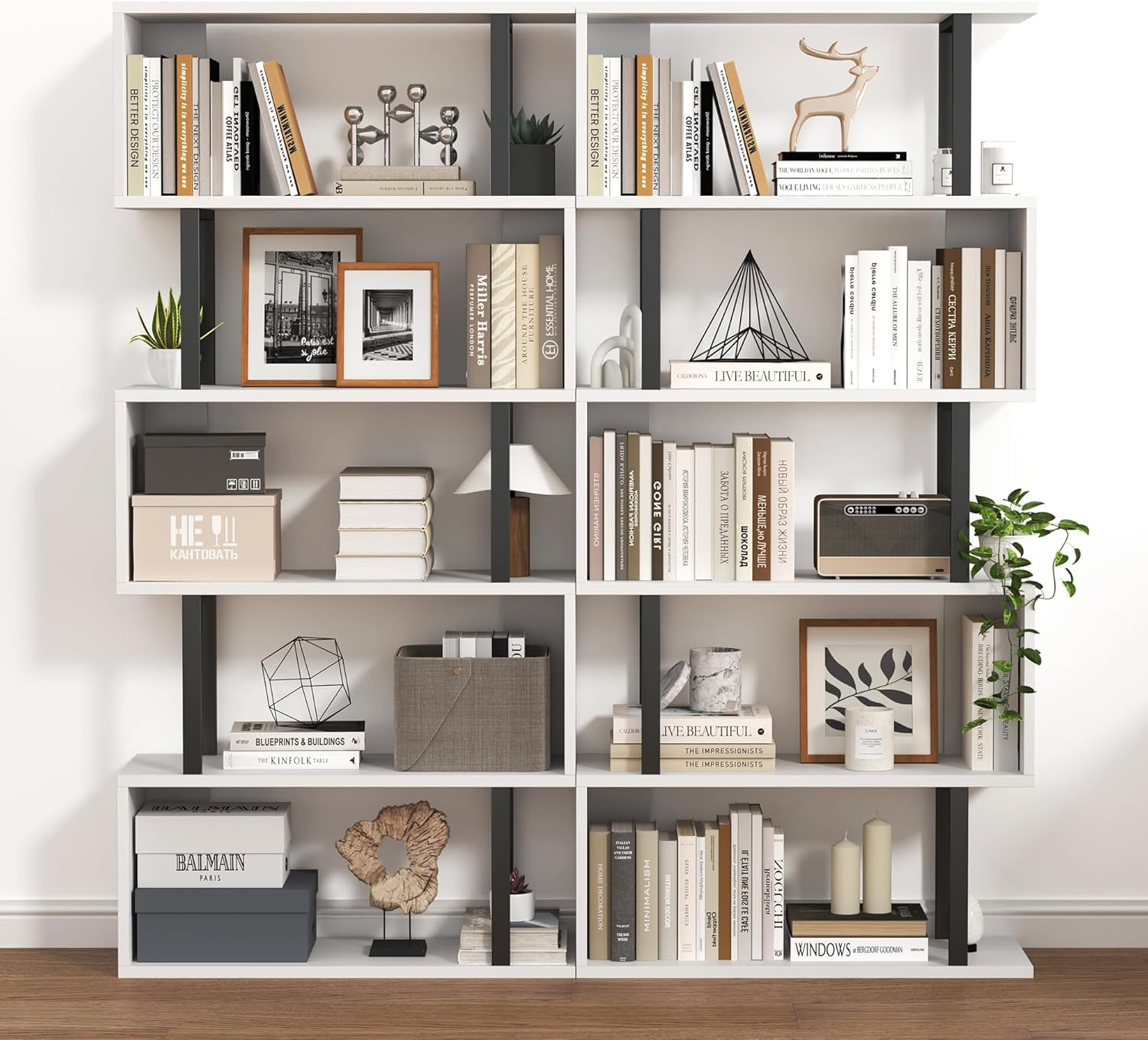 HOMEFORT 5-Tier S-Shaped Bookcase, Geometric Bookshelf for Living Room & Bedroom, Modern Wood & Metal Storage Shelf, Freestanding Display Shelves, Space-Saving Tall Book Shelf White and Black image number 3